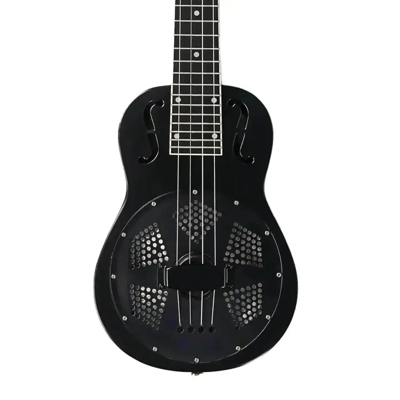 Kala Resonator Matte Black Baritone Ukulele with bell brass body and perforated cover.
