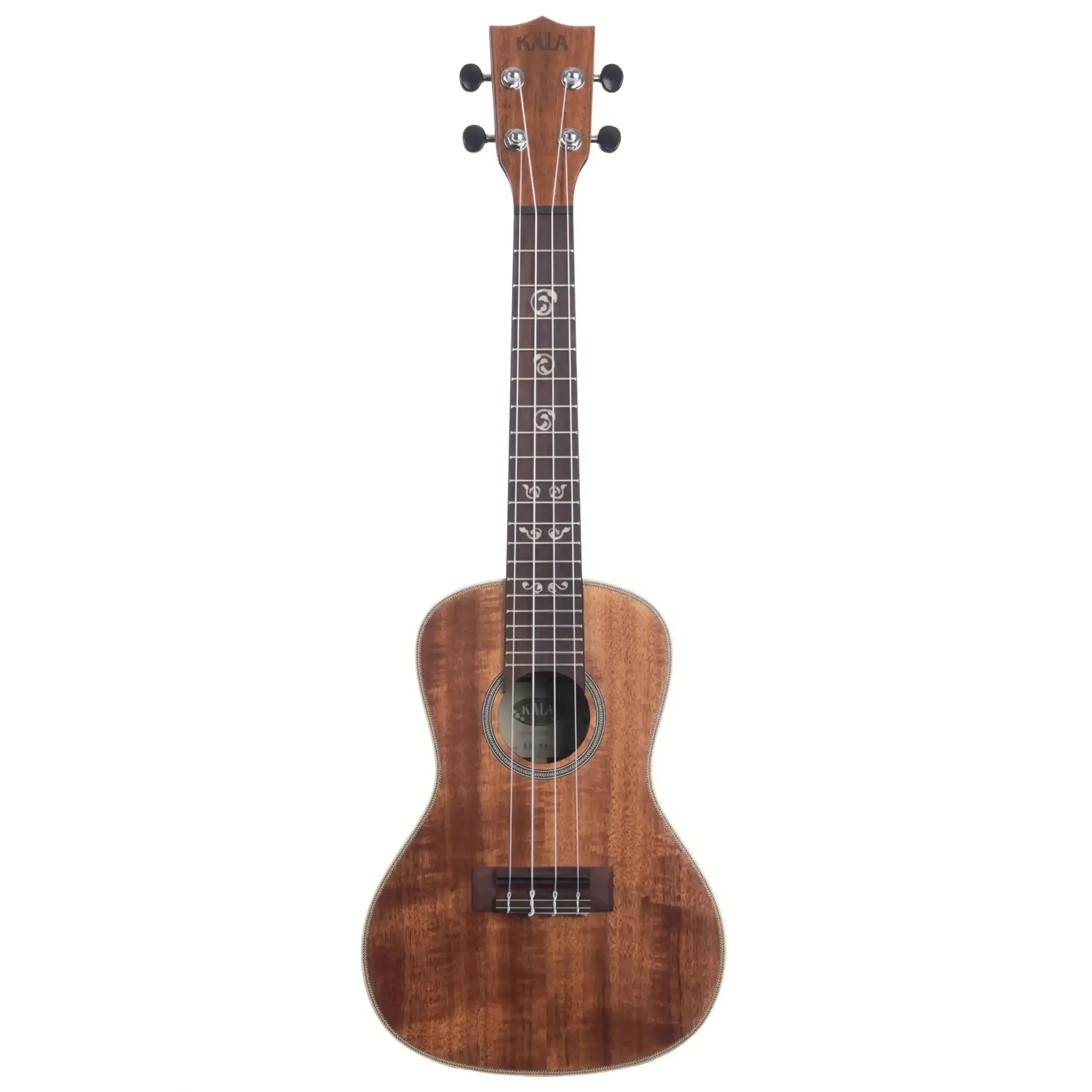 Kala SA-C Solid Acacia Concert Ukulele with maple binding, satin finish, and decorative fretboard inlays.