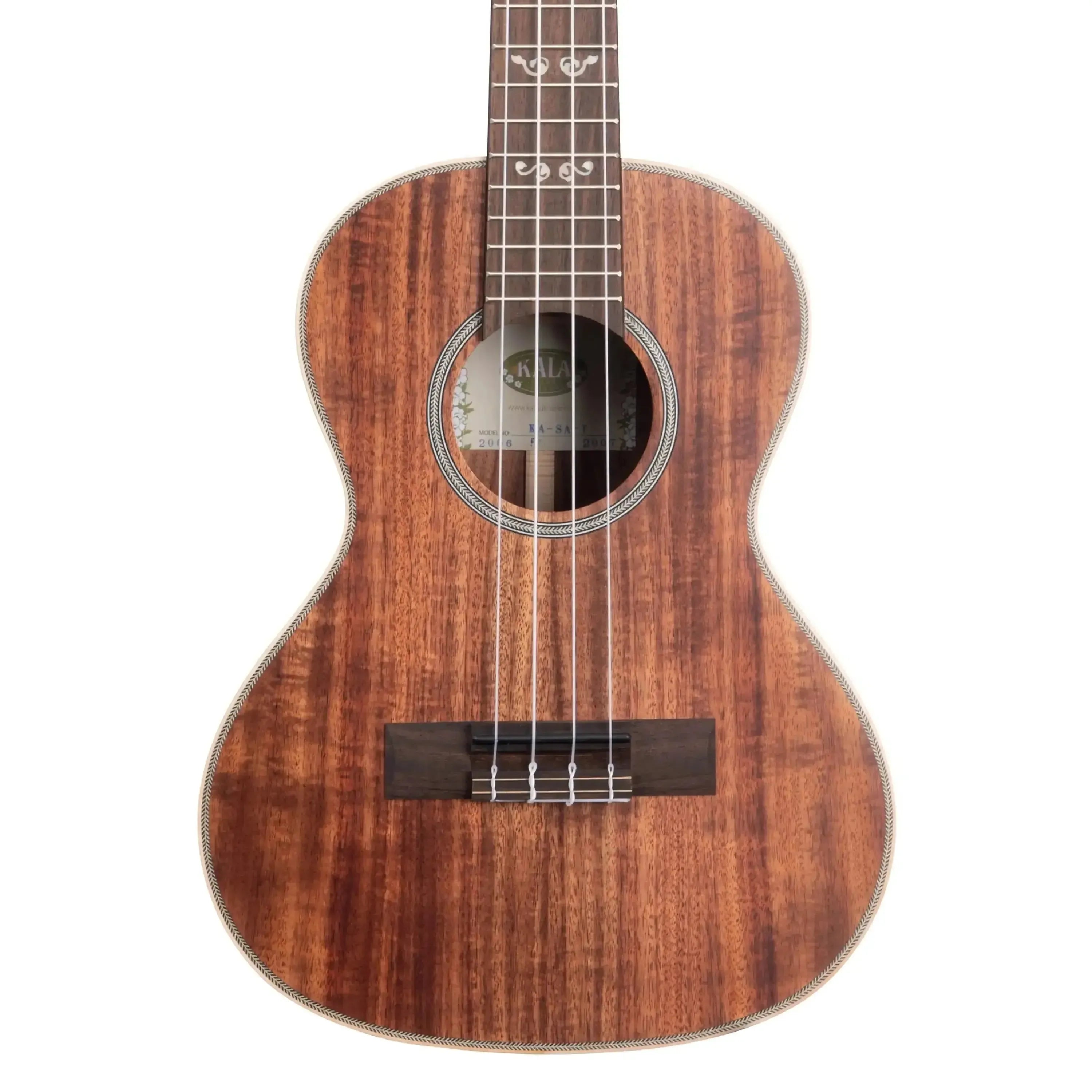 Kala SA-T Solid Acacia Tenor Ukulele with satin finish, maple binding, and slotted headstock.