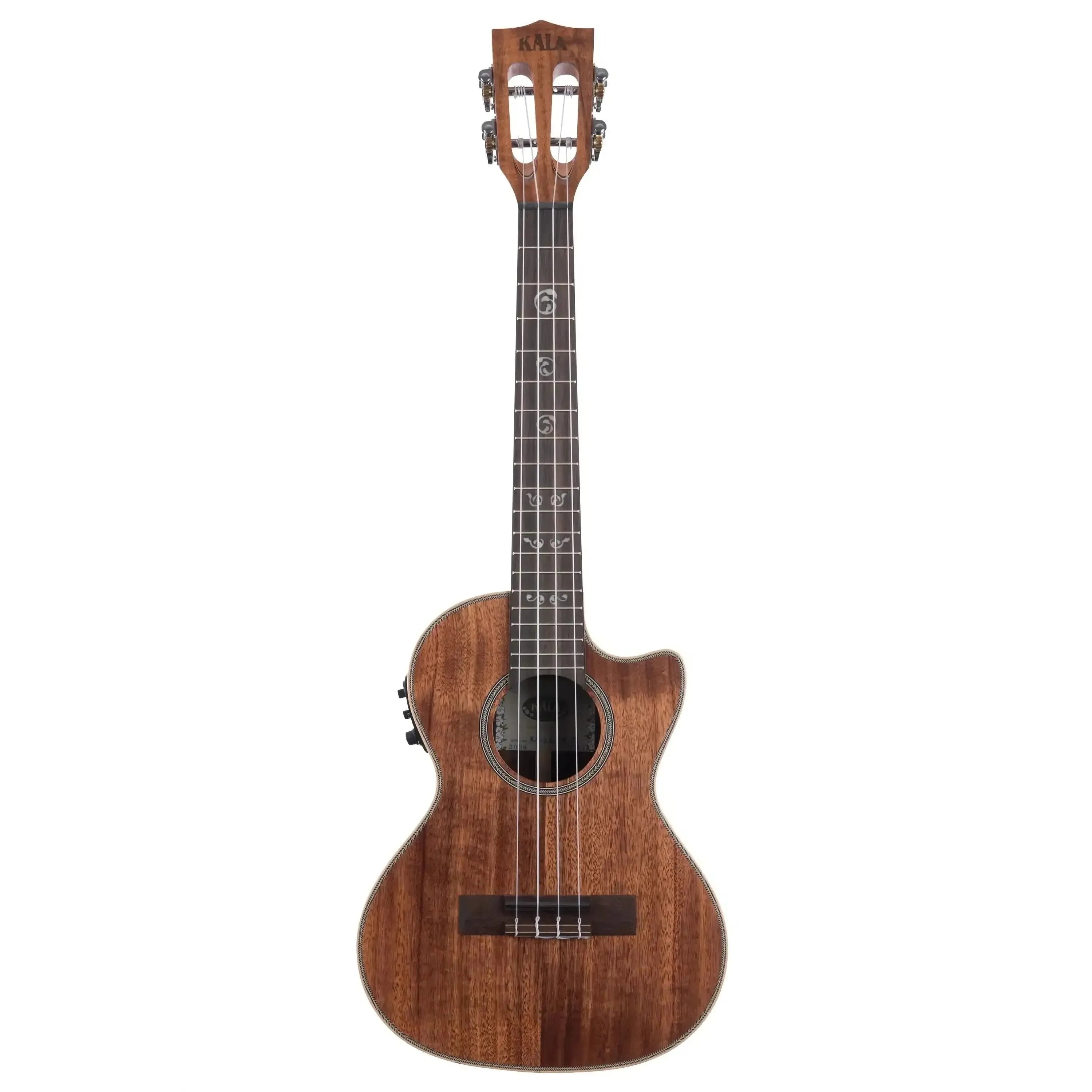Kala Solid Acacia Tenor Ukulele with EQ, featuring a slotted headstock, Venetian cutaway, and satin finish.