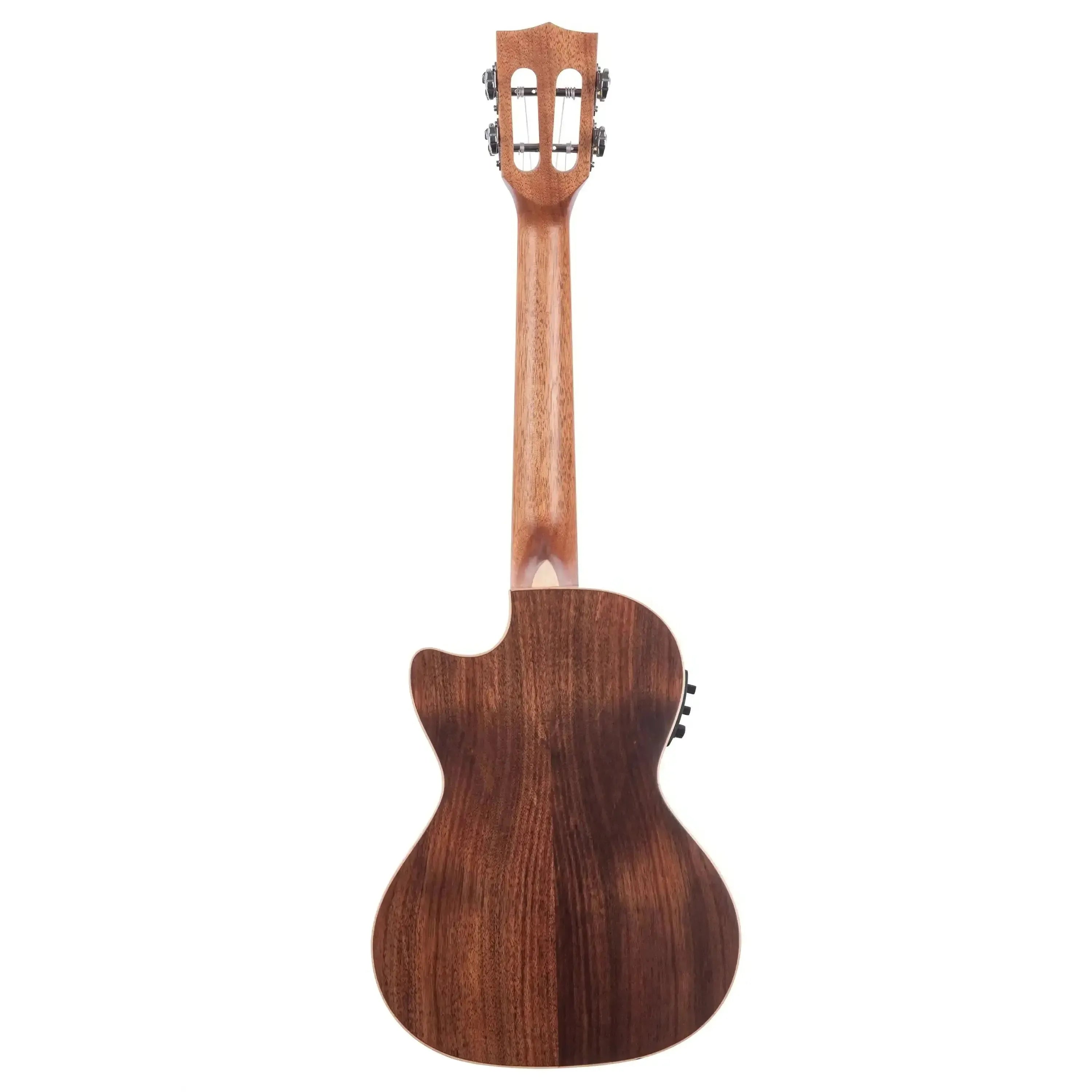 Kala Solid Acacia Tenor Ukulele, back view, showing dark wood grain, mahogany neck, and slotted headstock.