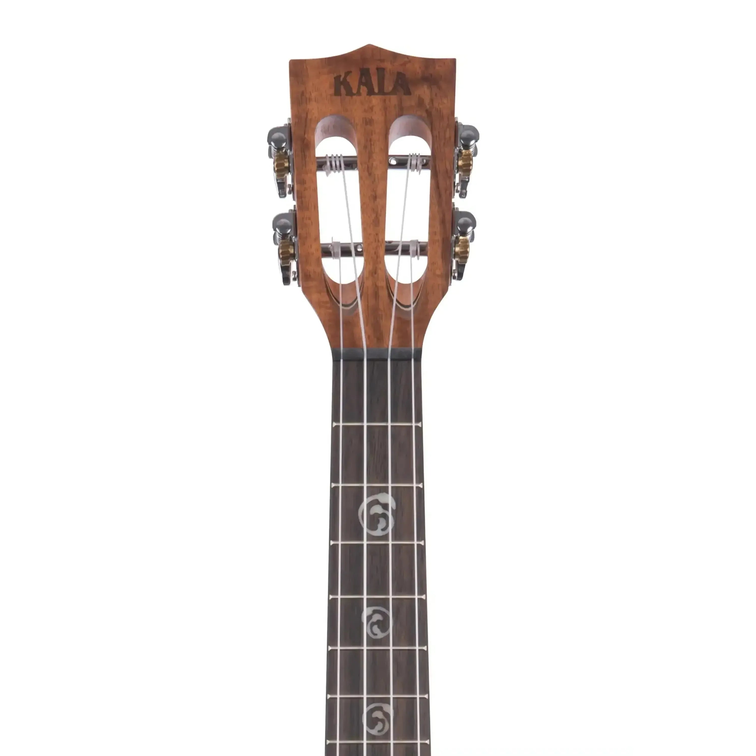 Kala Solid Acacia Tenor Ukulele headstock with slotted design, dark wood, and white fretboard inlays.