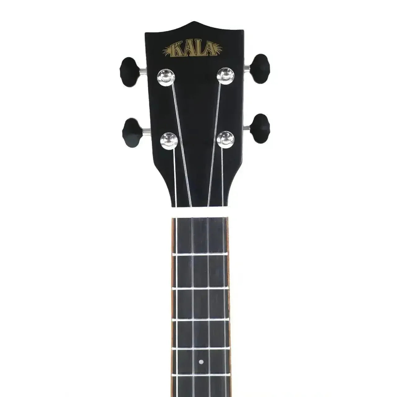 Kala Solid Body Tenor Ukulele headstock and upper fretboard with black finish and gold logo.