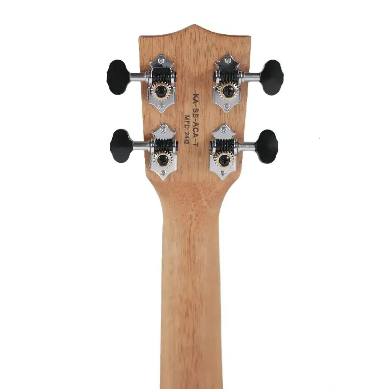 Back of Kala SB-ACA-T electric tenor ukulele headstock and okoume neck with black tuners.