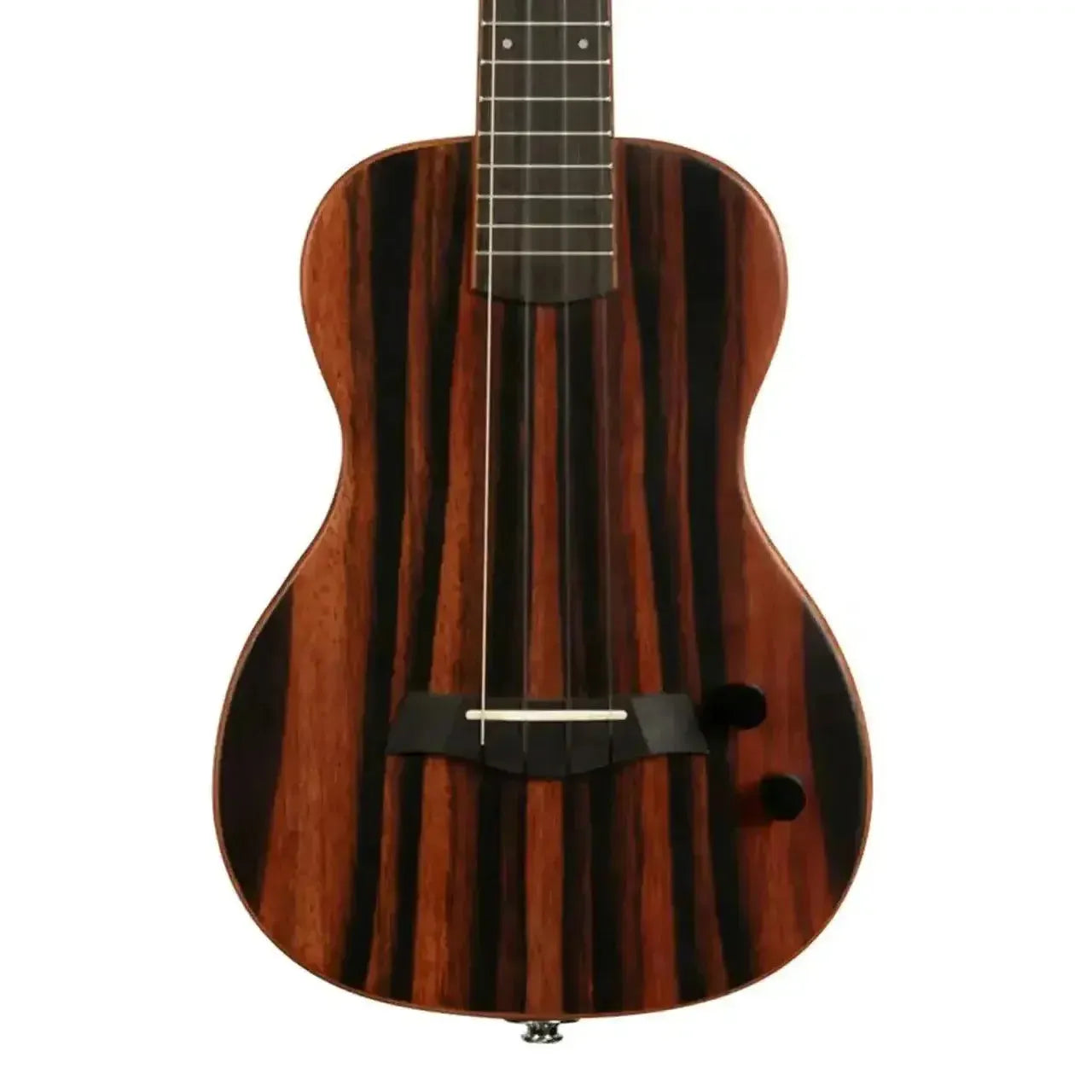Kala Solid Body Electric Tenor Ukulele with striped ebony top and black controls.