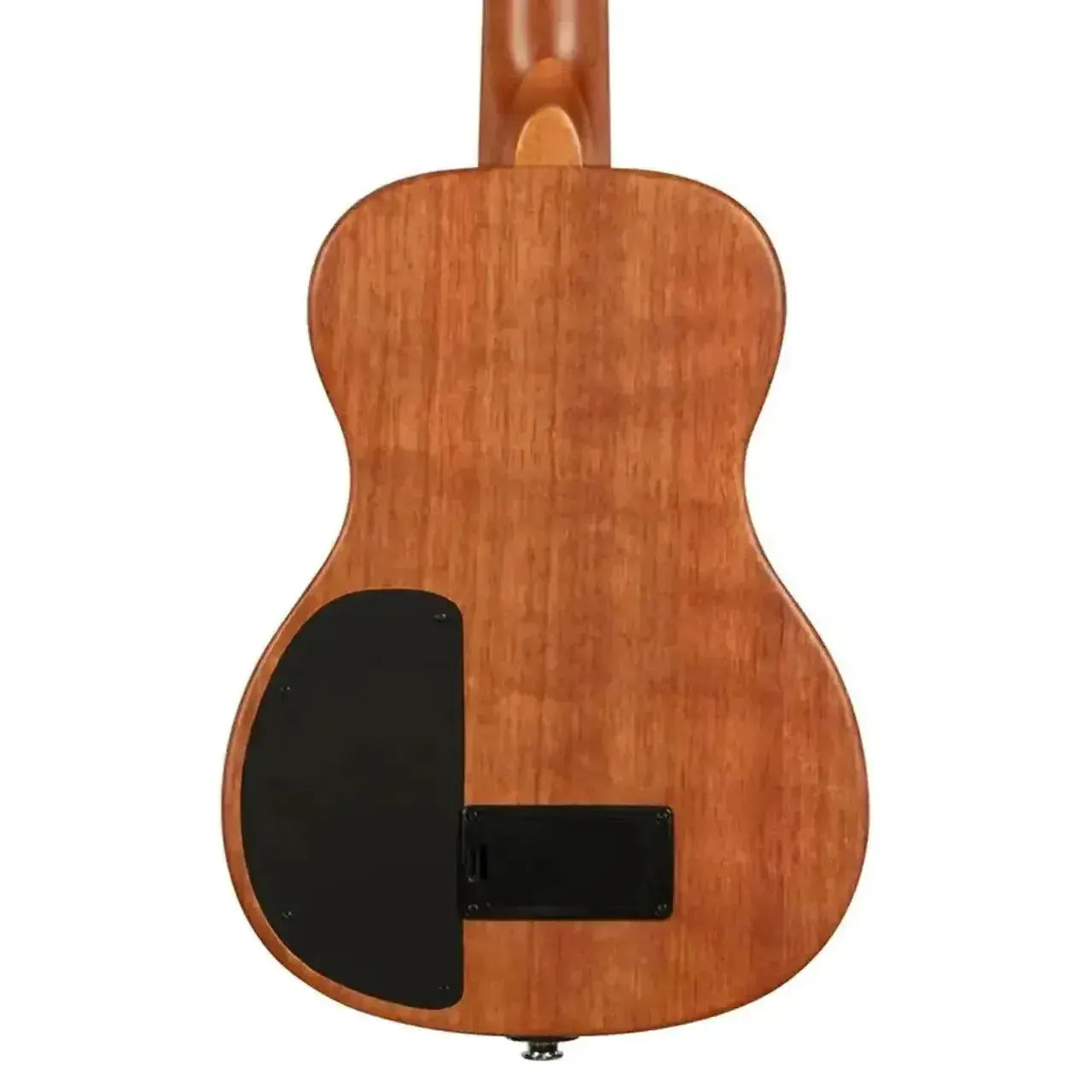 Back of a Kala Solid Body Electric Tenor Ukulele, showing its okoume wood and black control panel.
