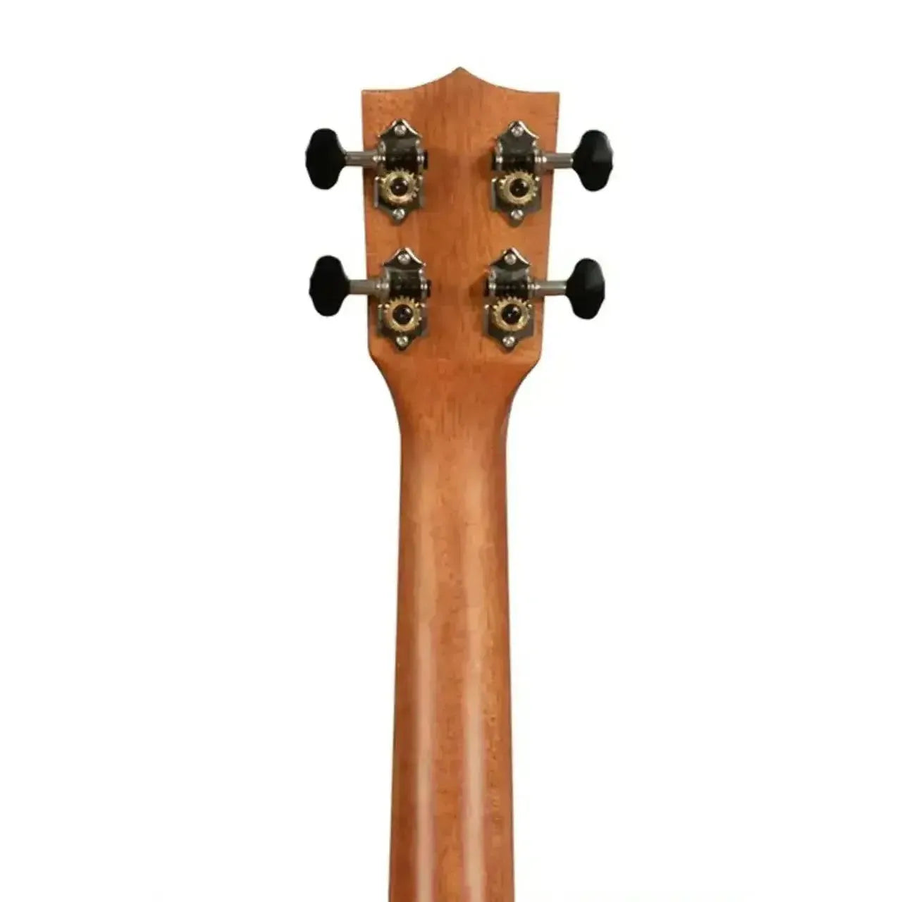 Back of Kala electric tenor ukulele headstock and mahogany neck with black open-geared tuners.