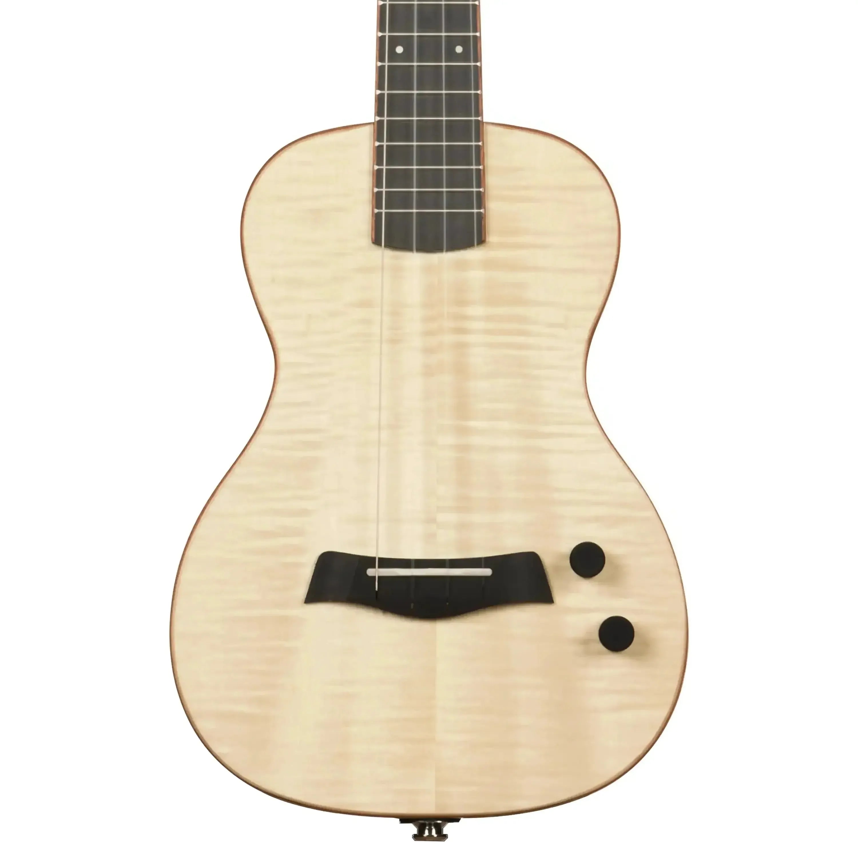 Kala Solid Body Electric Tenor Ukulele with flame maple top, black bridge, and control knobs.