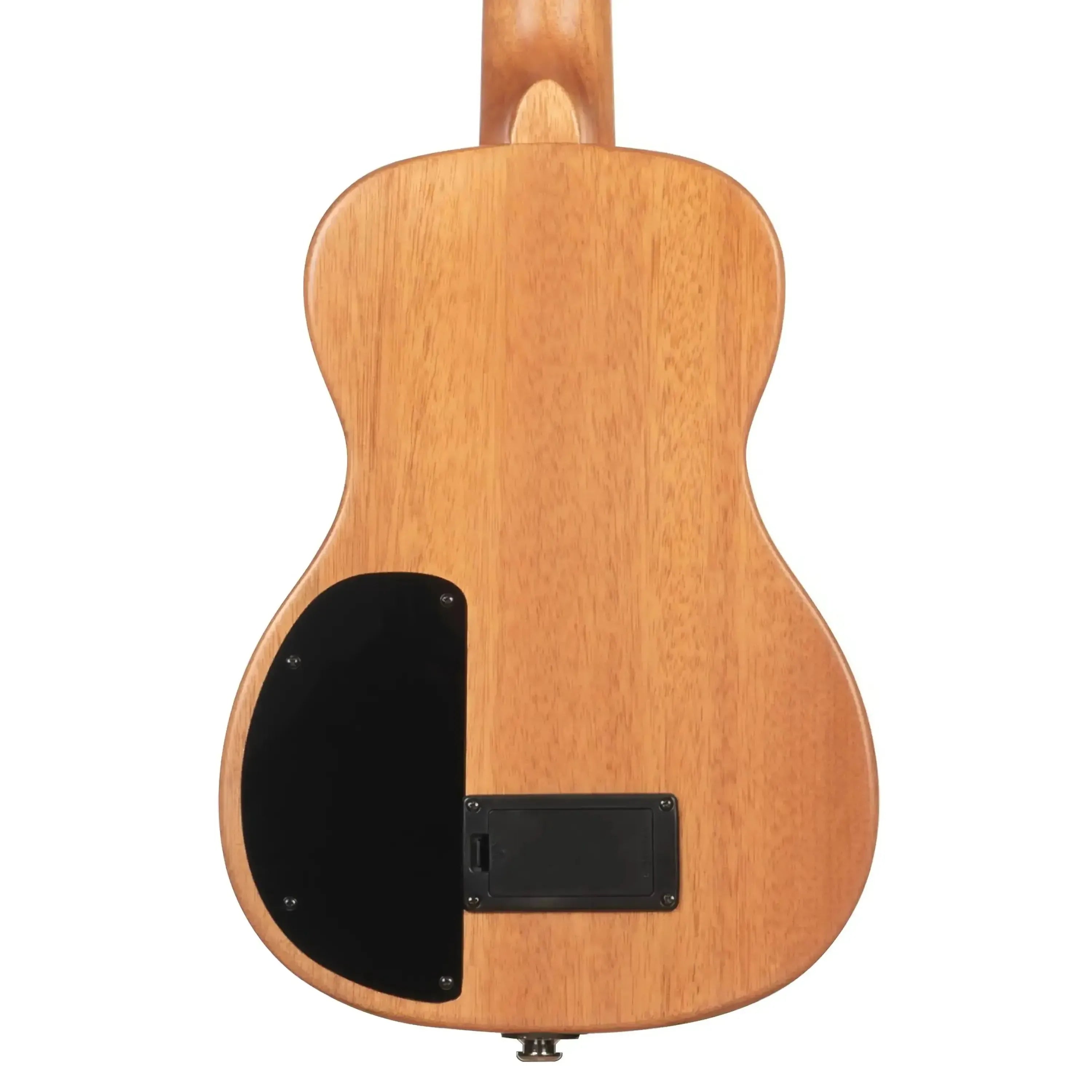 Kala Solid Body Electric Tenor Ukulele back, showing light brown okoume wood, black control plate, and battery compartment.