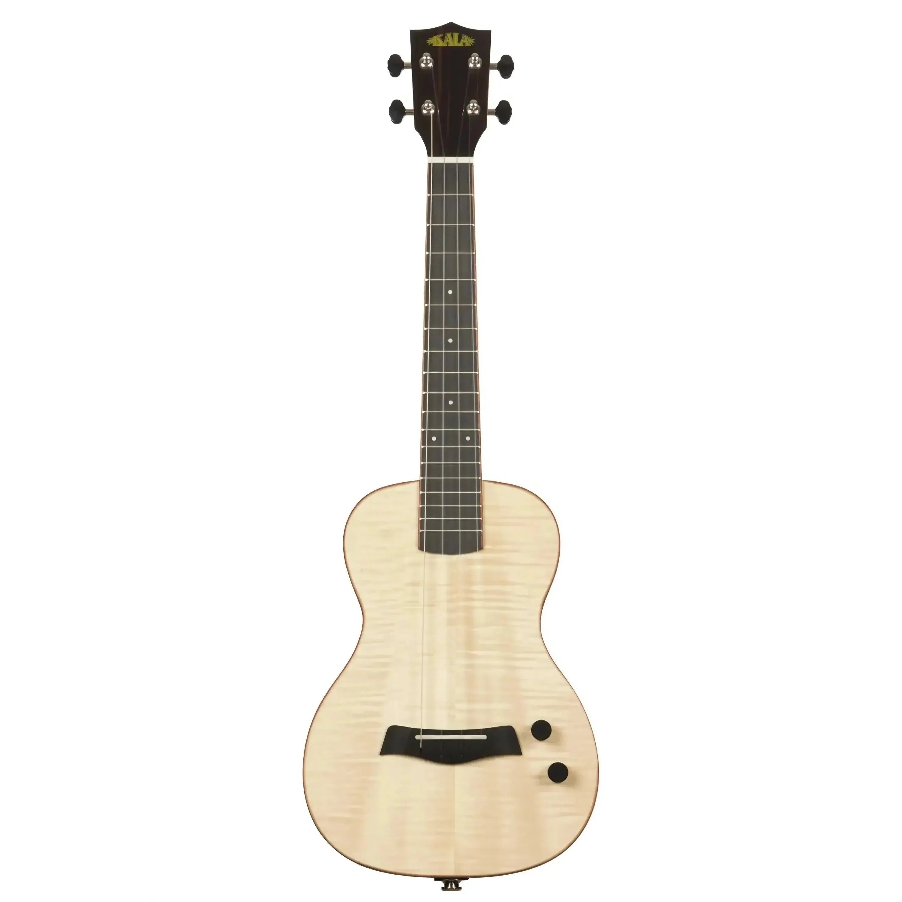 Kala Solid Body Electric Tenor Ukulele with flame maple top, dark headstock, and black controls.