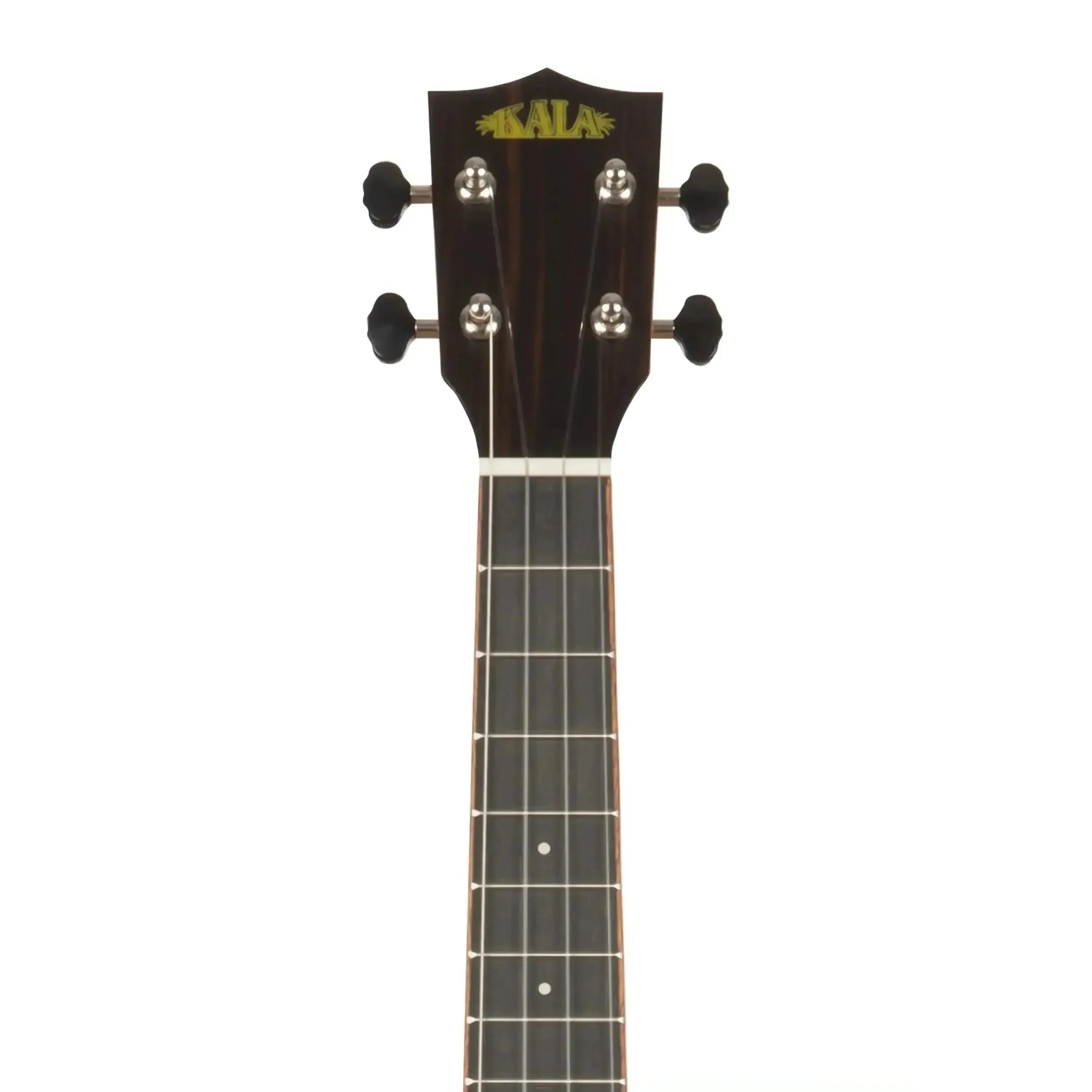 Kala Solid Body Electric Tenor Ukulele headstock with dark wood, black tuners, and Kala logo.