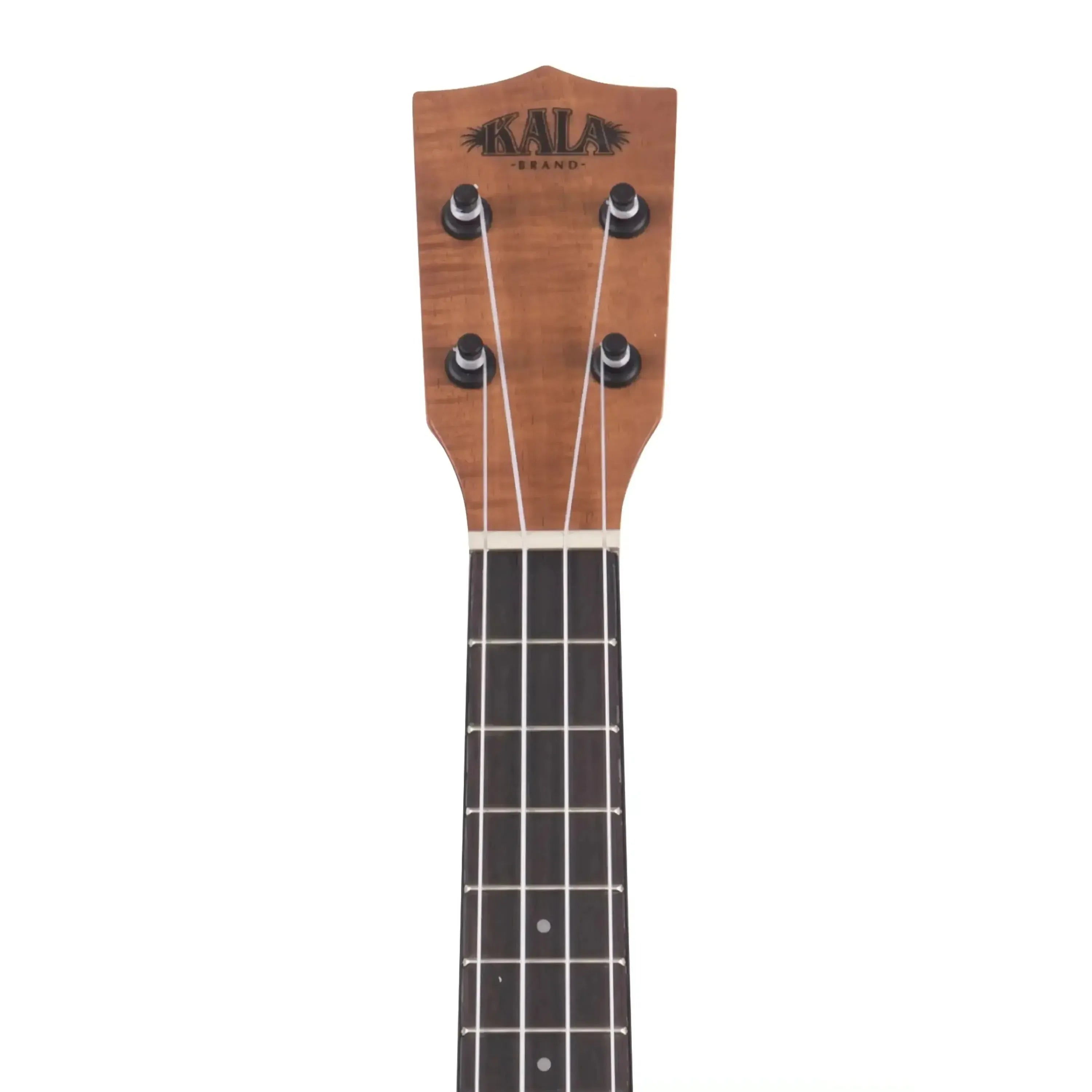 Kala SCAC-SLNG longneck soprano ukulele headstock with cedar wood, black tuners, and rosewood fingerboard.