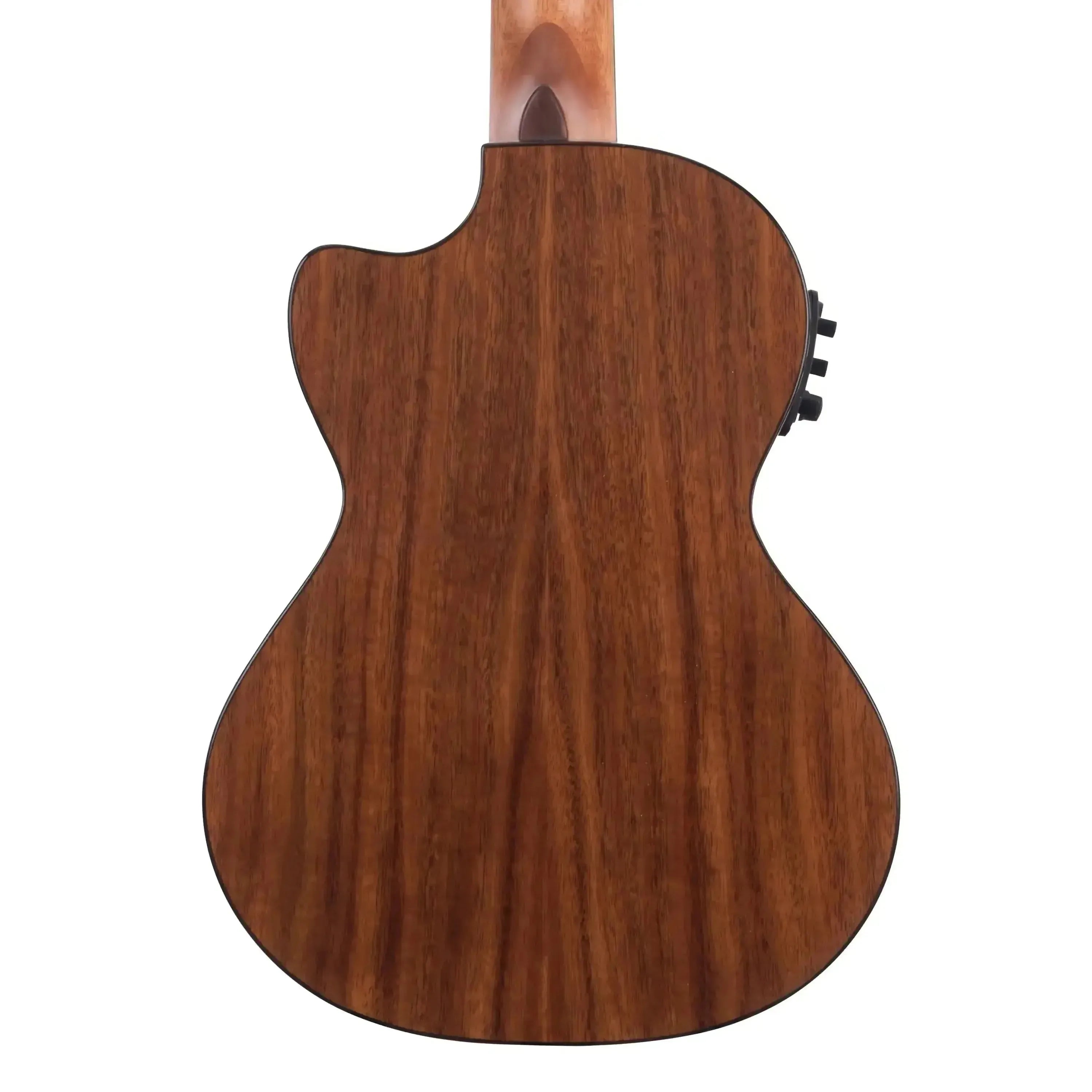 Back of a Kala SCAC-T-CE Tenor Ukulele, showing its rich brown laminated acacia wood grain and cutaway.