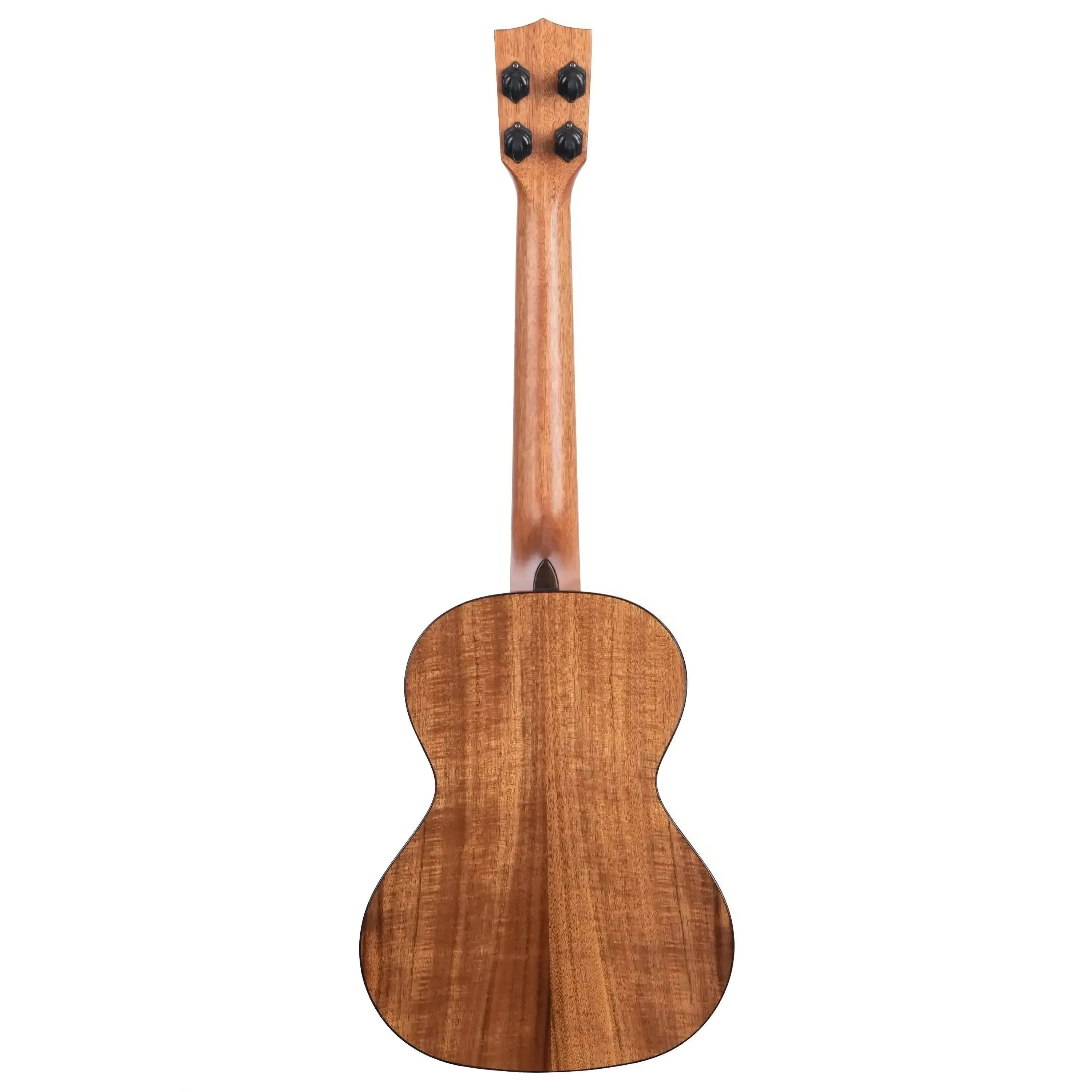 Back of a Kala SCAC-T Tenor Ukulele with warm brown wood grain, mahogany neck, and black tuners.