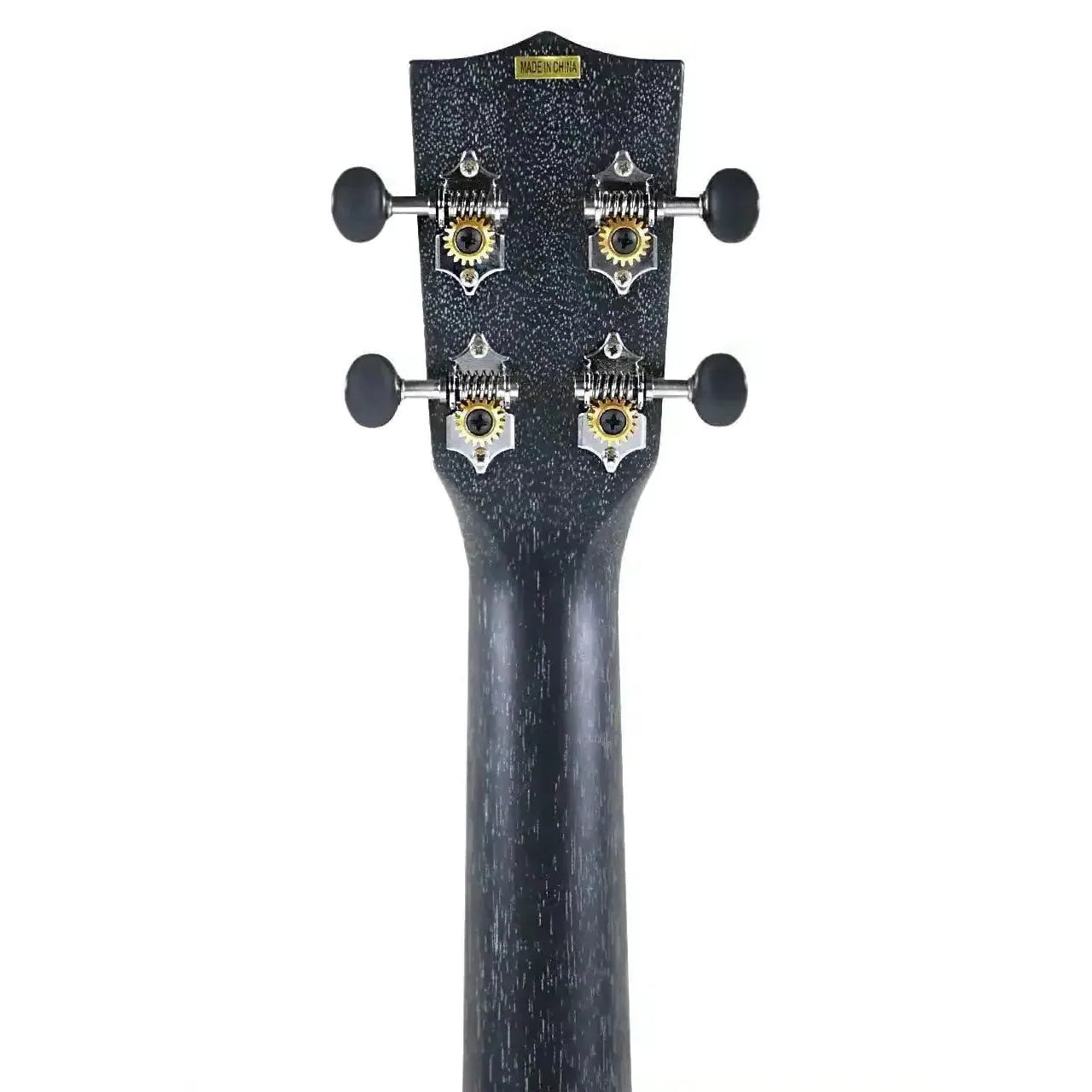 Kala SDH-BE Doghair Mahogany Baritone Ukulele headstock with black tuners and gold gears.