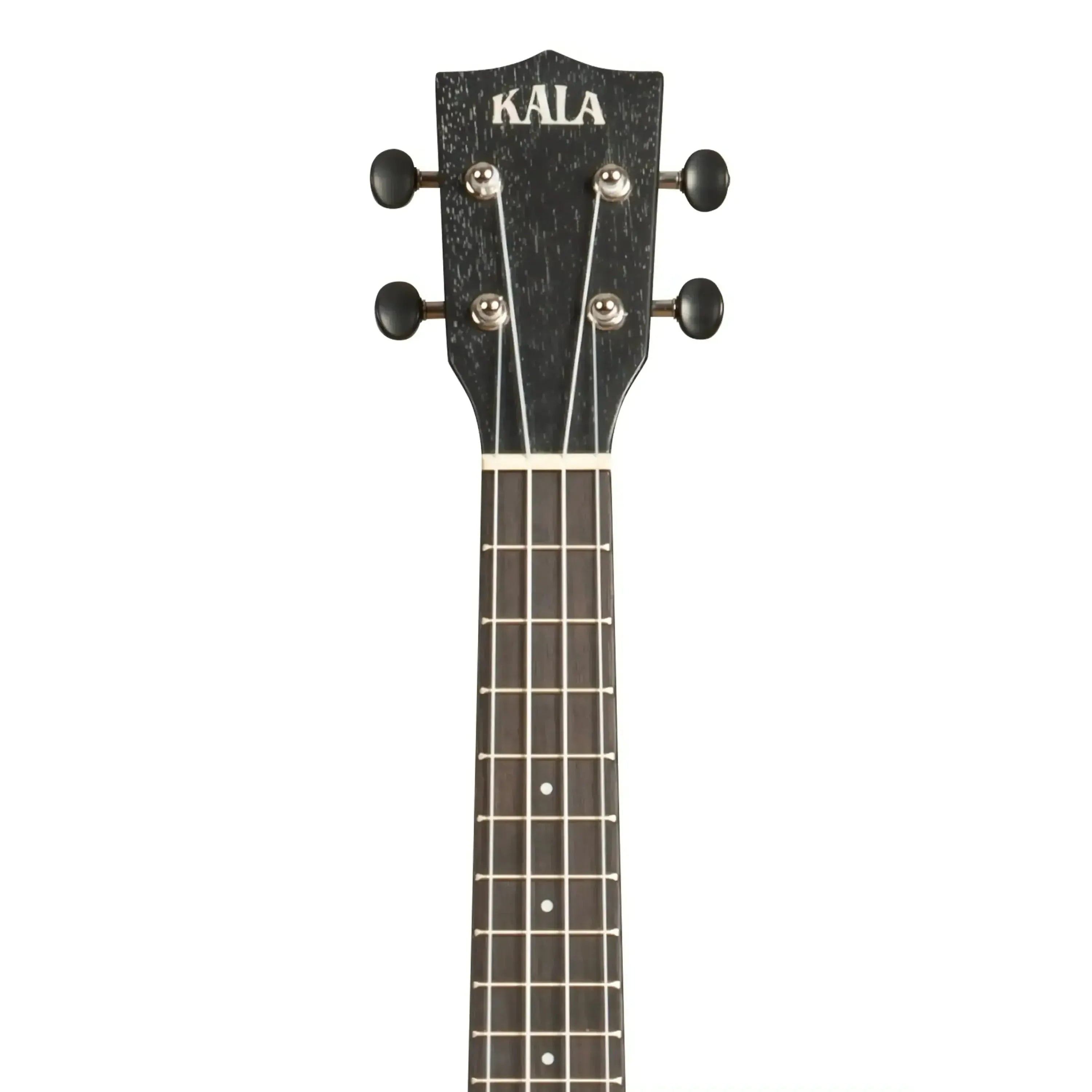 Kala ukulele headstock with black finish, tuners, and logo.