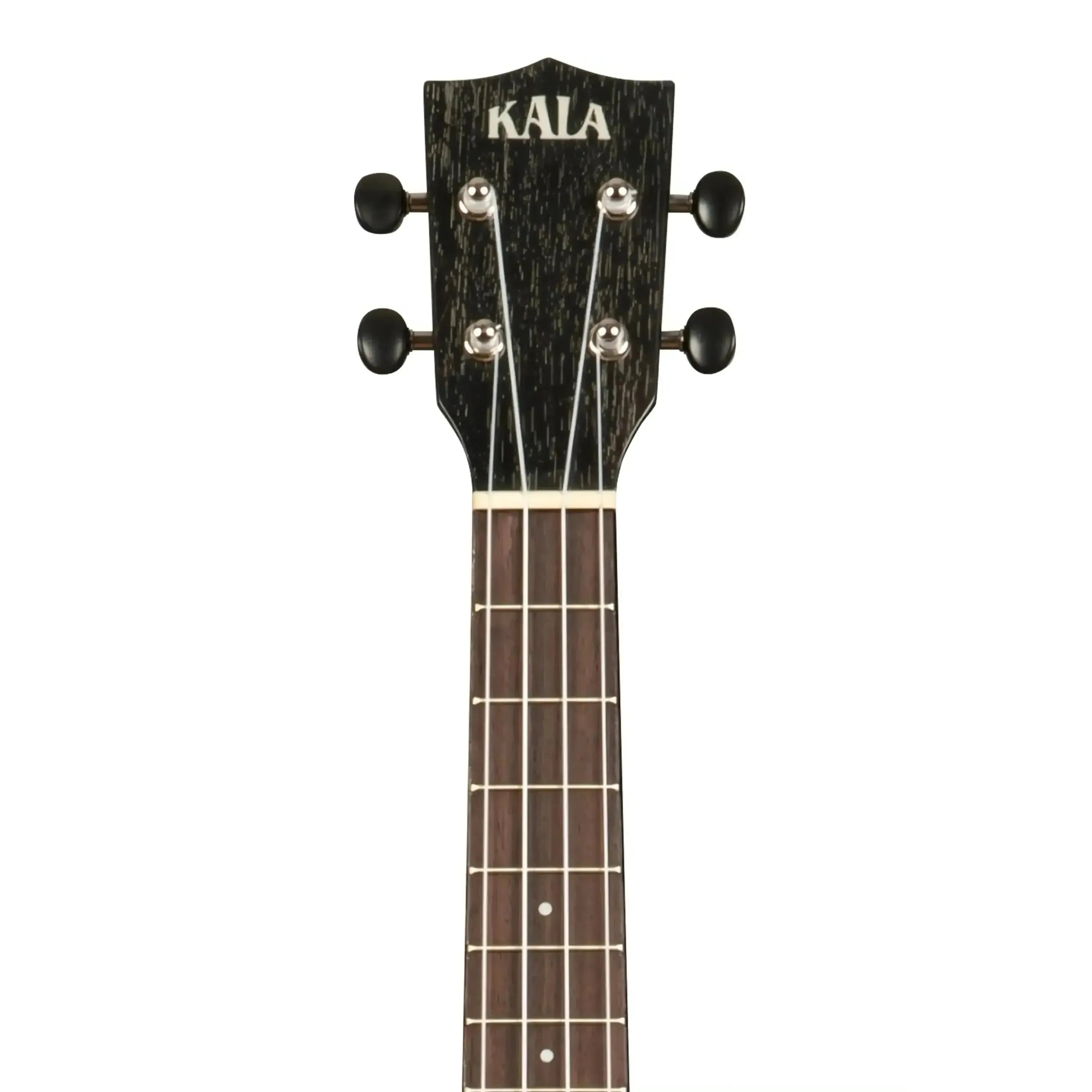 Kala SDH-T tenor ukulele headstock with "Salt & Pepper Doghair" mahogany finish and black tuners.