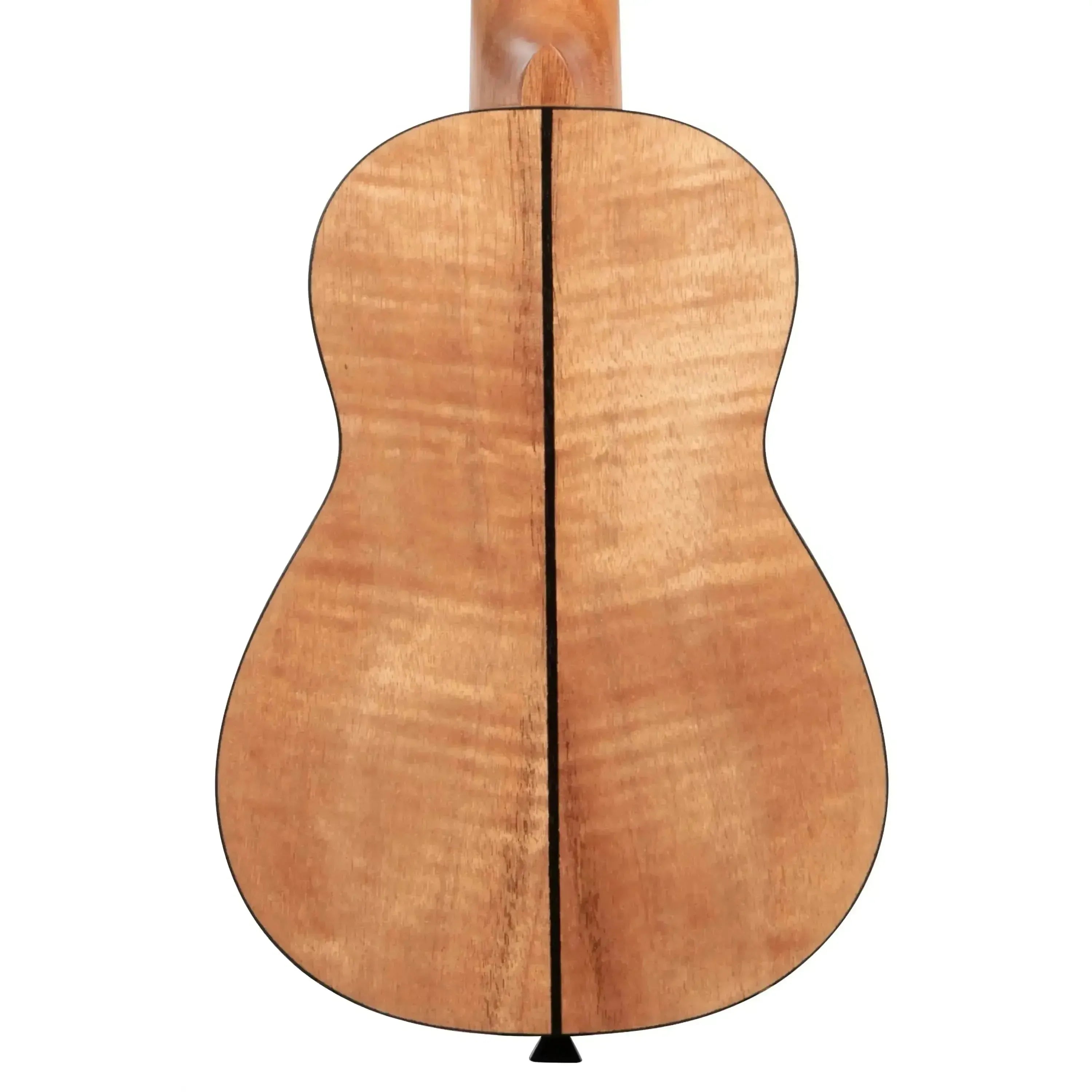 Back of a Kala soprano ukulele, showing its satin-finished exotic mahogany body with black binding.