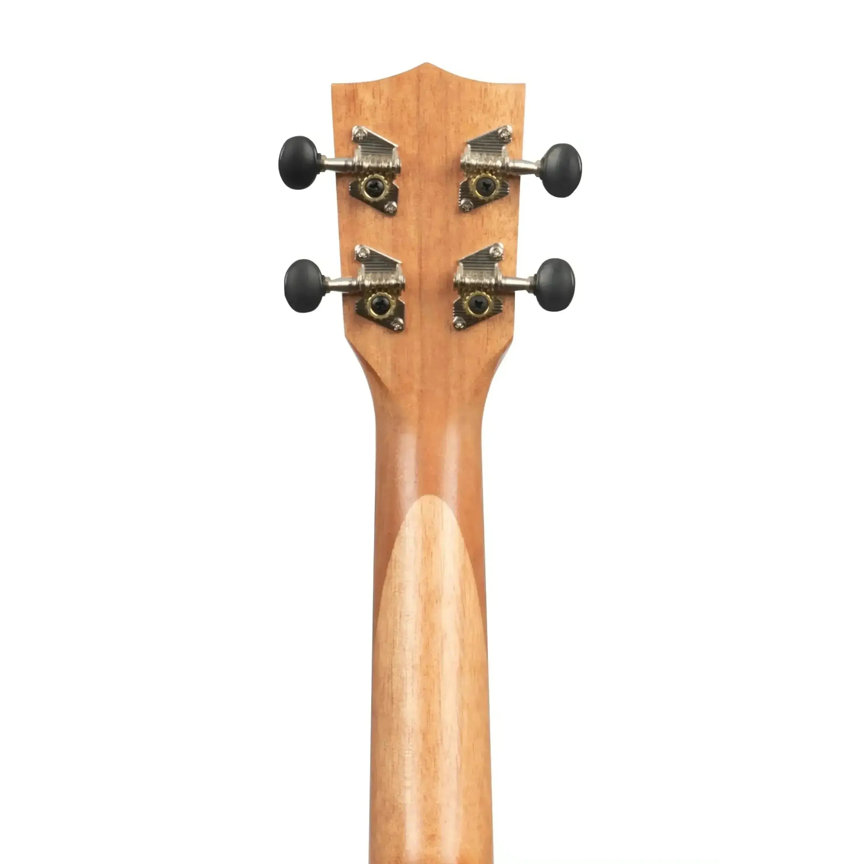 Back of Kala Exotic Mahogany Soprano Ukulele headstock and neck with black tuning pegs.
