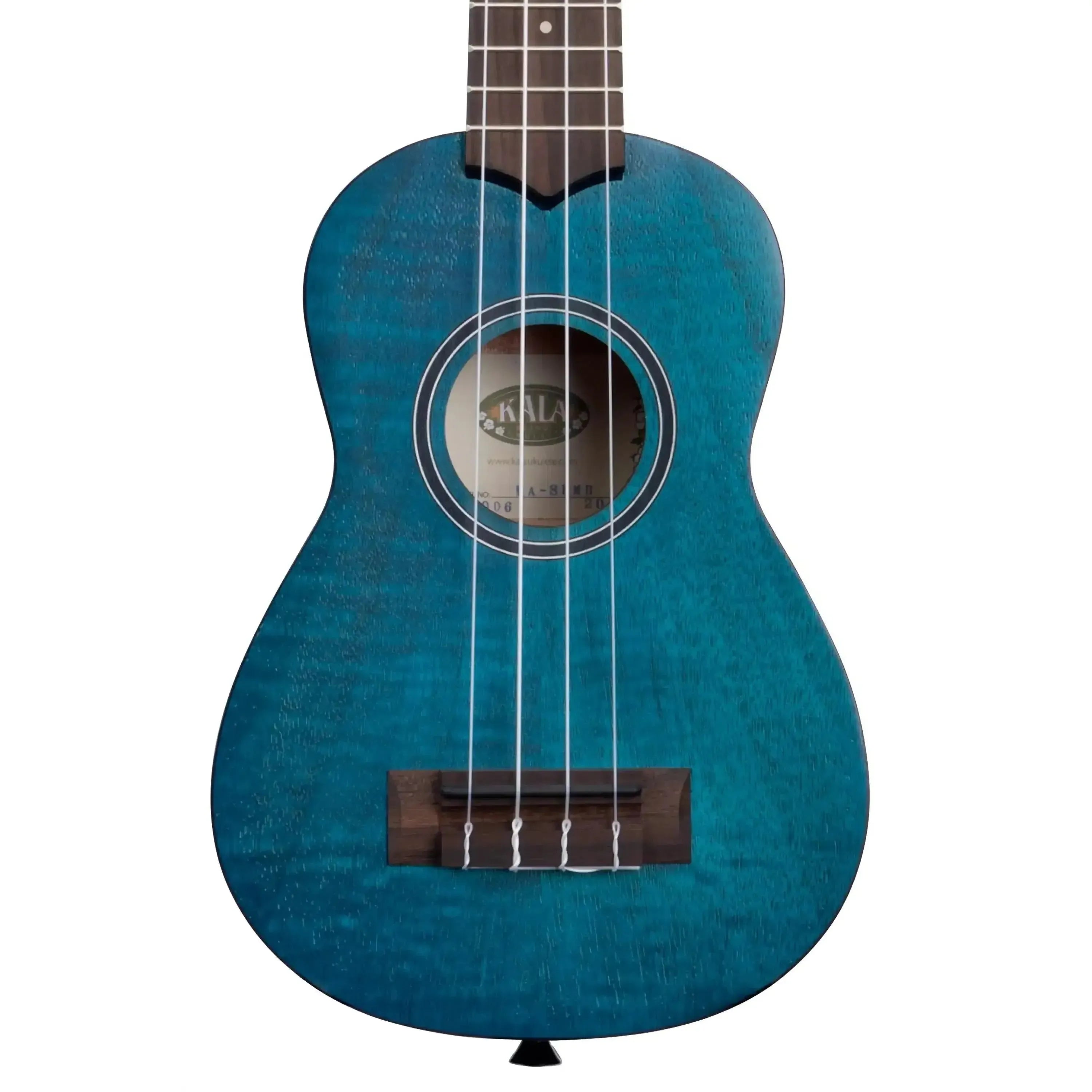 Kala SEMB Blue Exotic Mahogany Soprano Ukulele with black binding and satin finish.