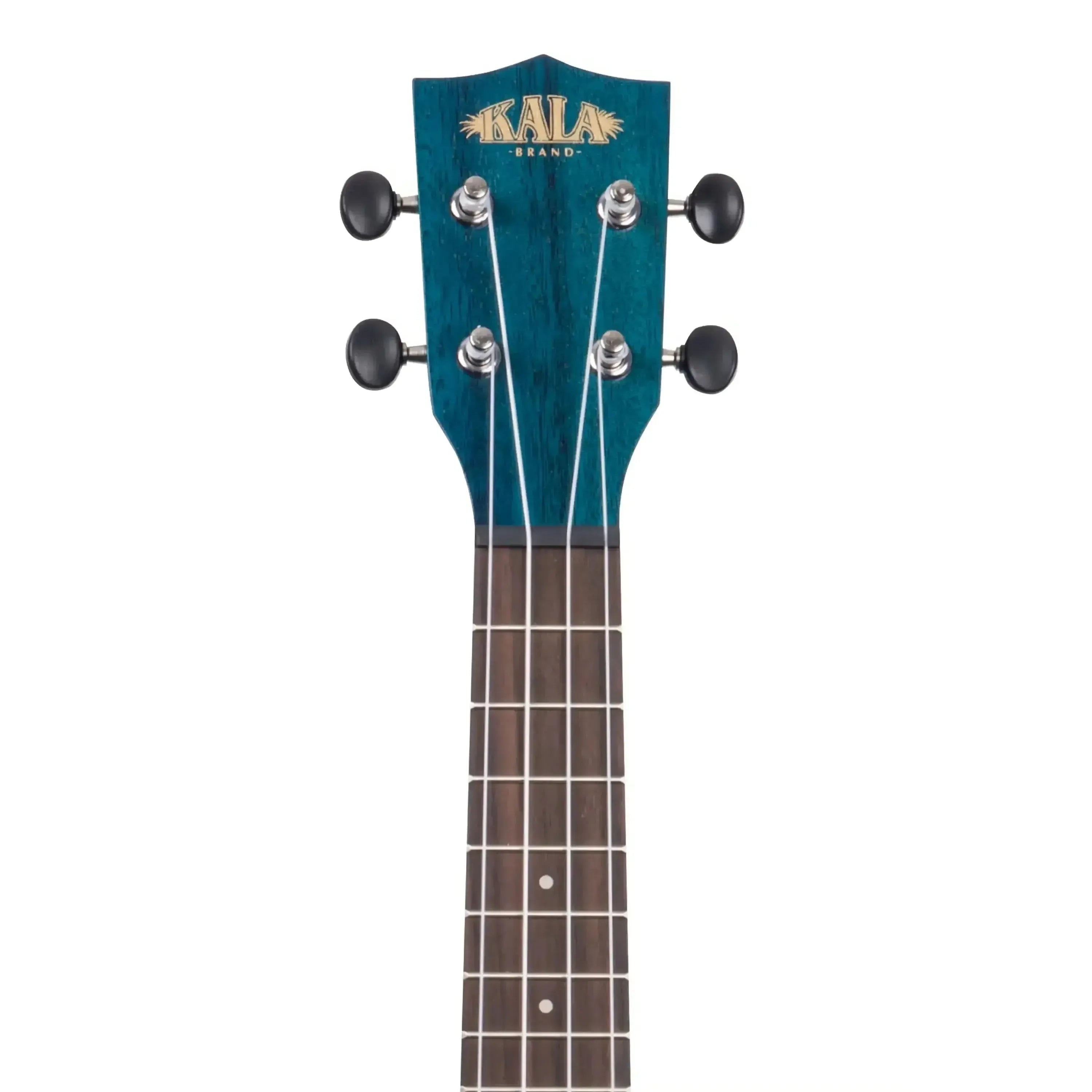 Kala SEMB Blue Exotic Mahogany Soprano Ukulele headstock with black tuning pegs.