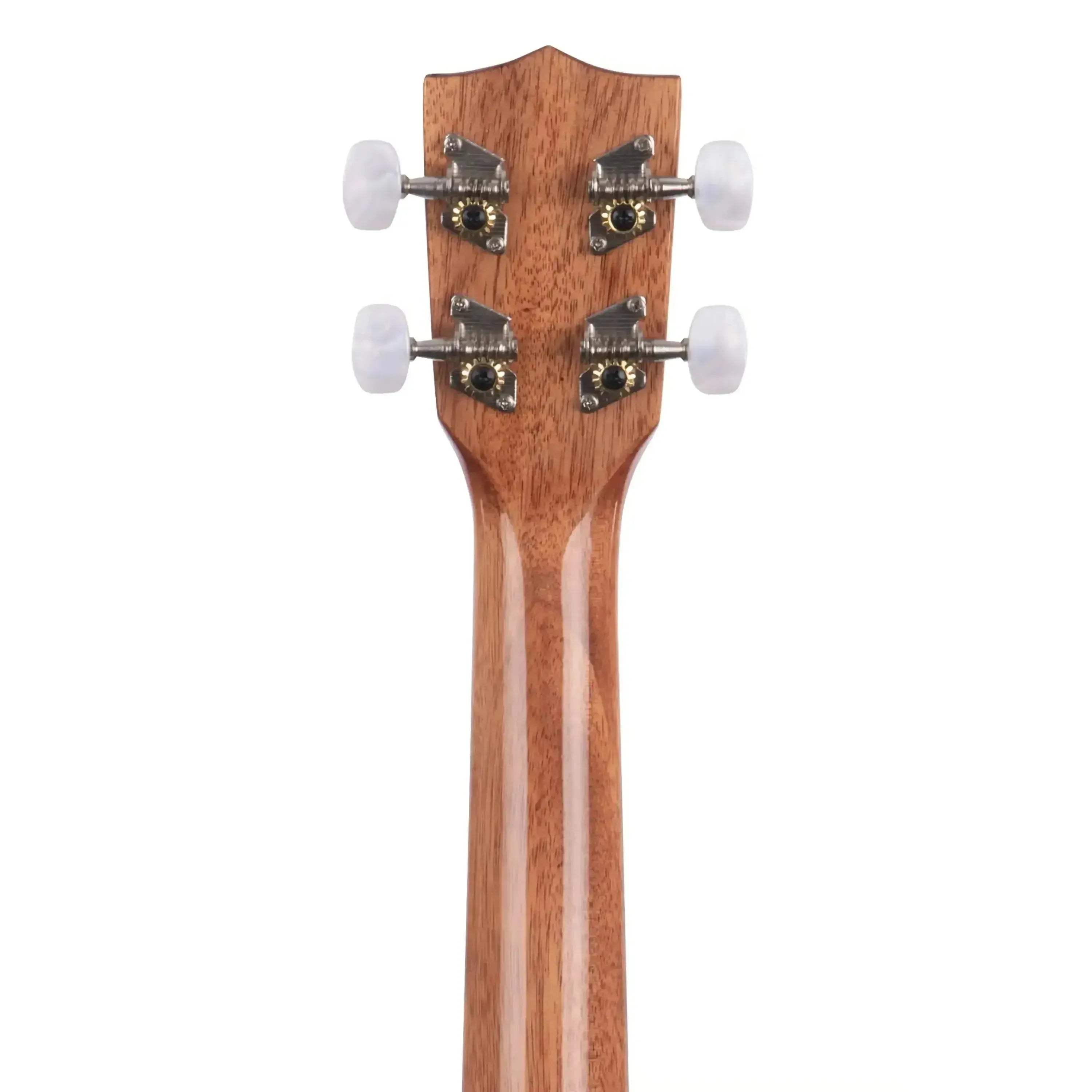 Back of Kala SLNG Longneck Soprano Ukulele headstock and mahogany neck with white tuning pegs.