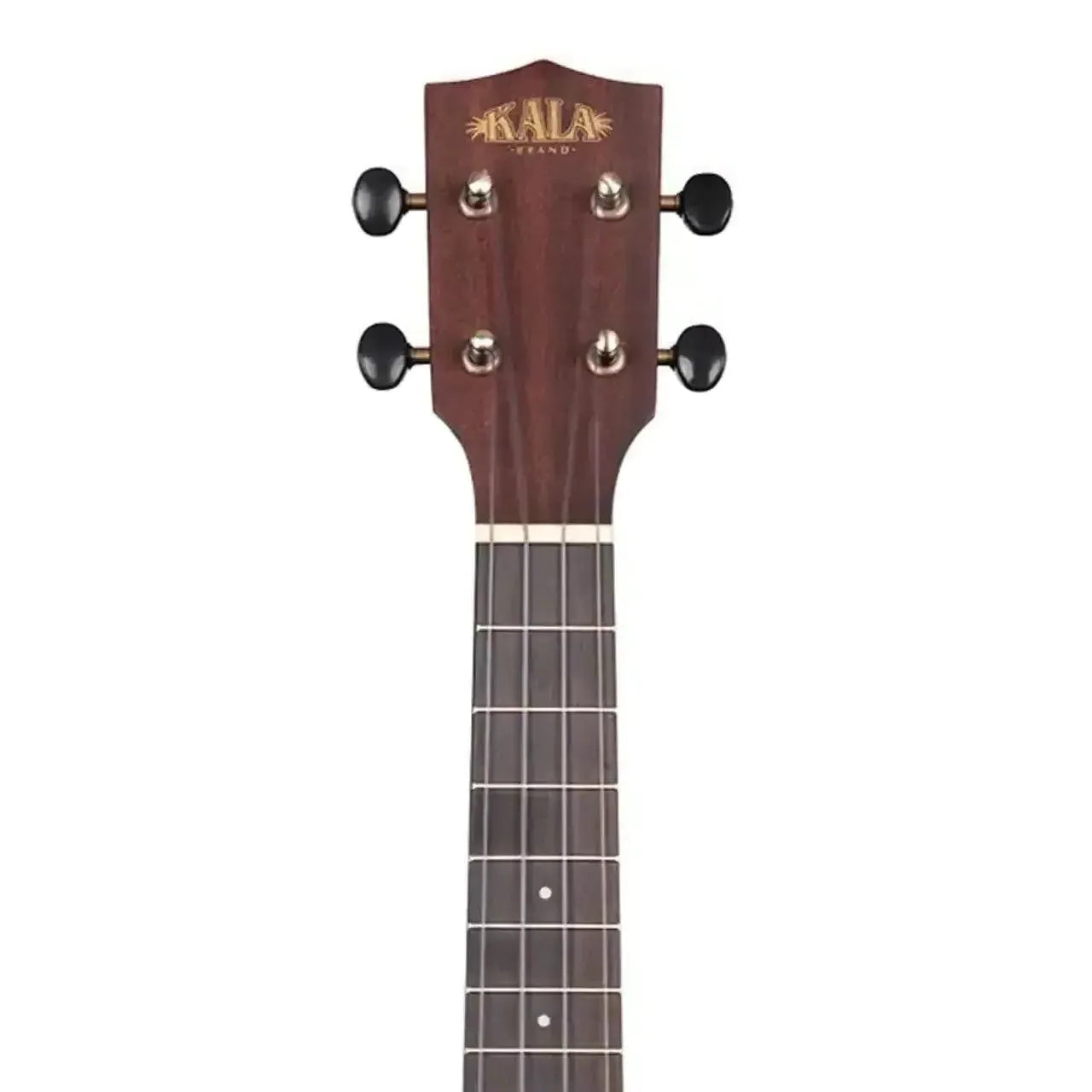 Kala SMH-C Solid Mahogany Concert Ukulele headstock with black tuning pegs and dark wood finish.