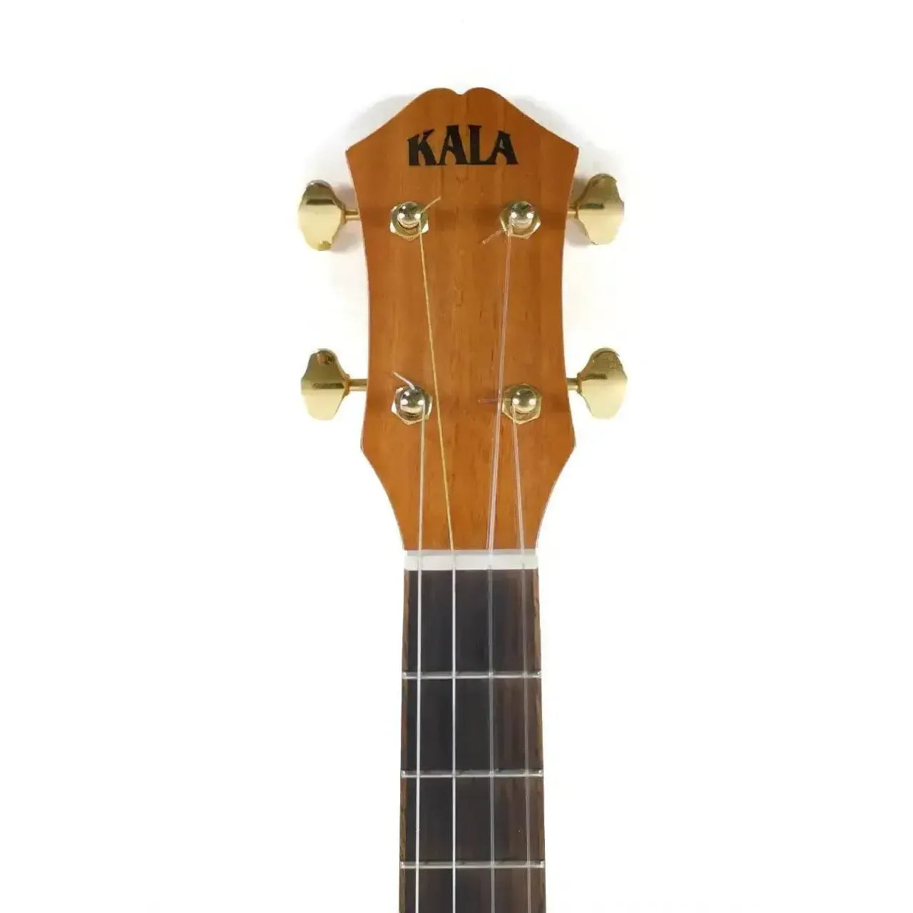 Kala SMP-B-C Trembesi Baritone Ukulele headstock with gold tuners and KALA logo.