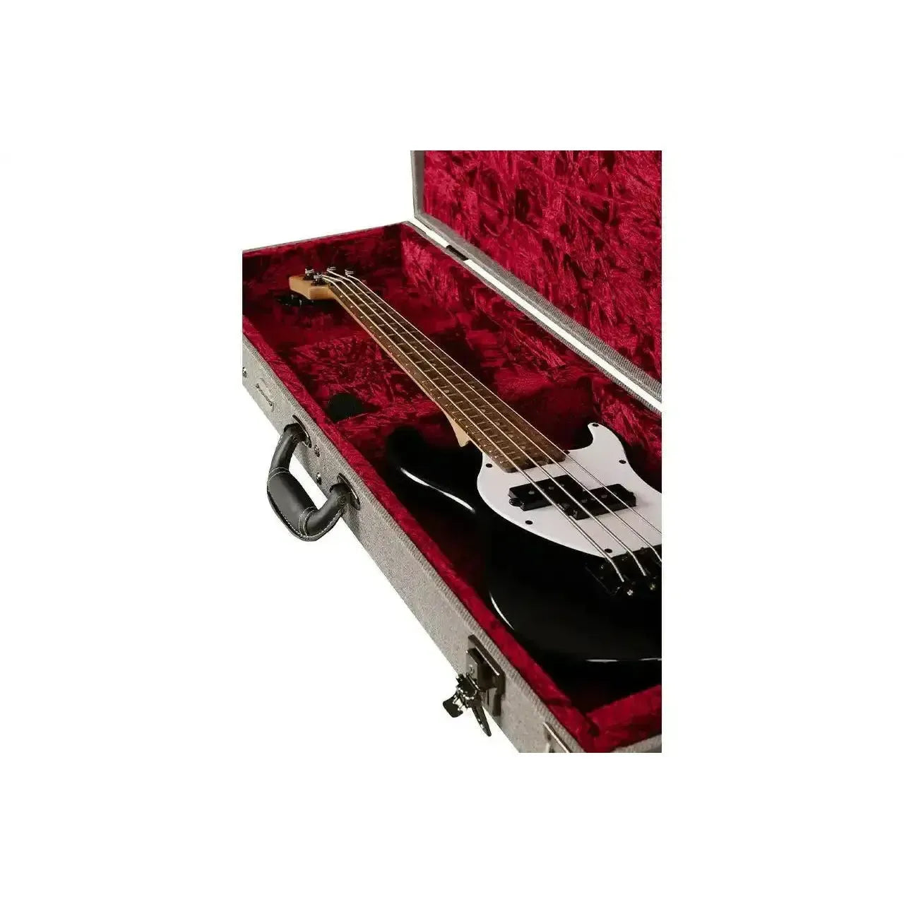 Kala Solid Body U•BASS in a grey tweed hardshell case with red velvet interior.
