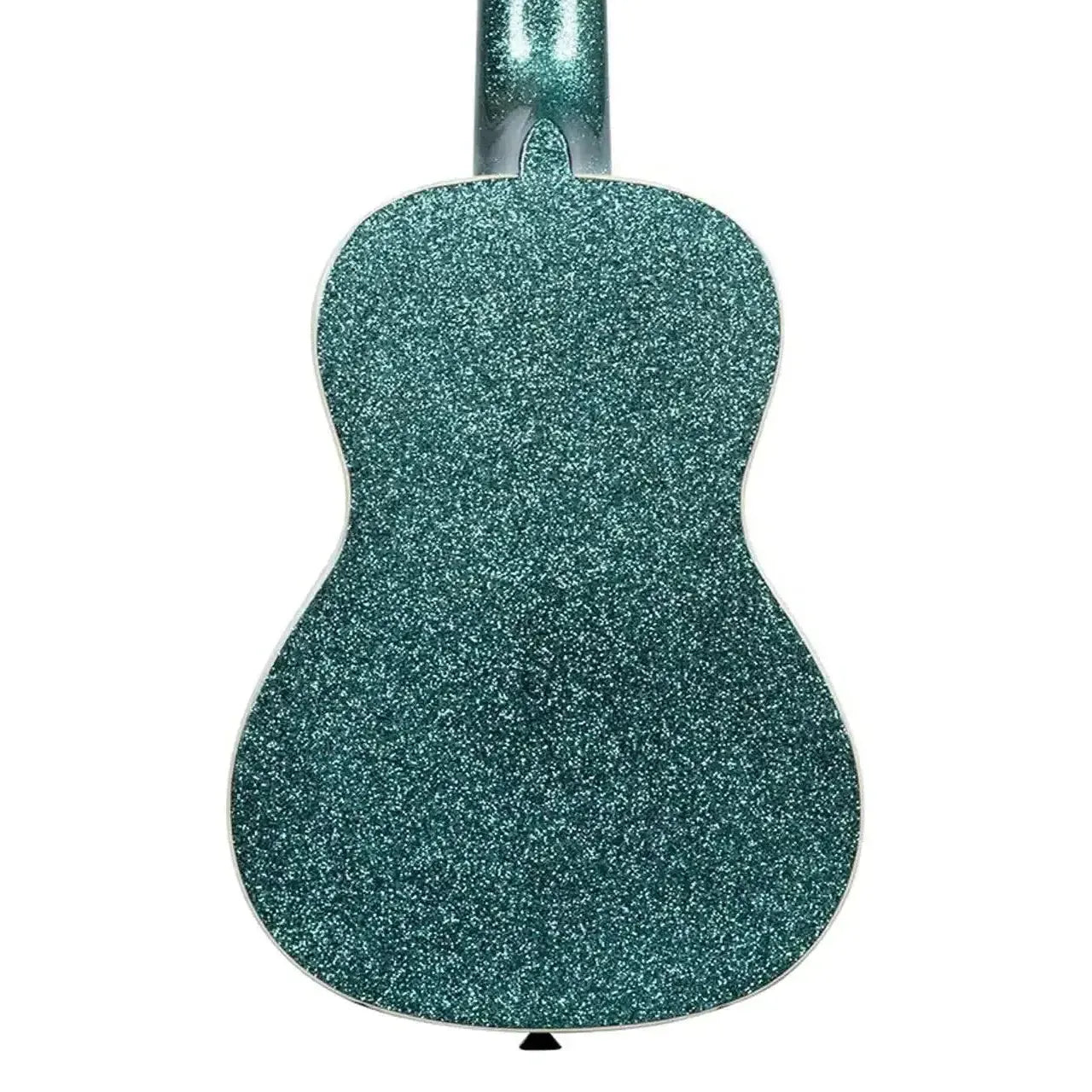 Kala SPRK-AQUA Blue Sparkle Concert Ukulele back, showing gloss sparkle finish and cream binding.
