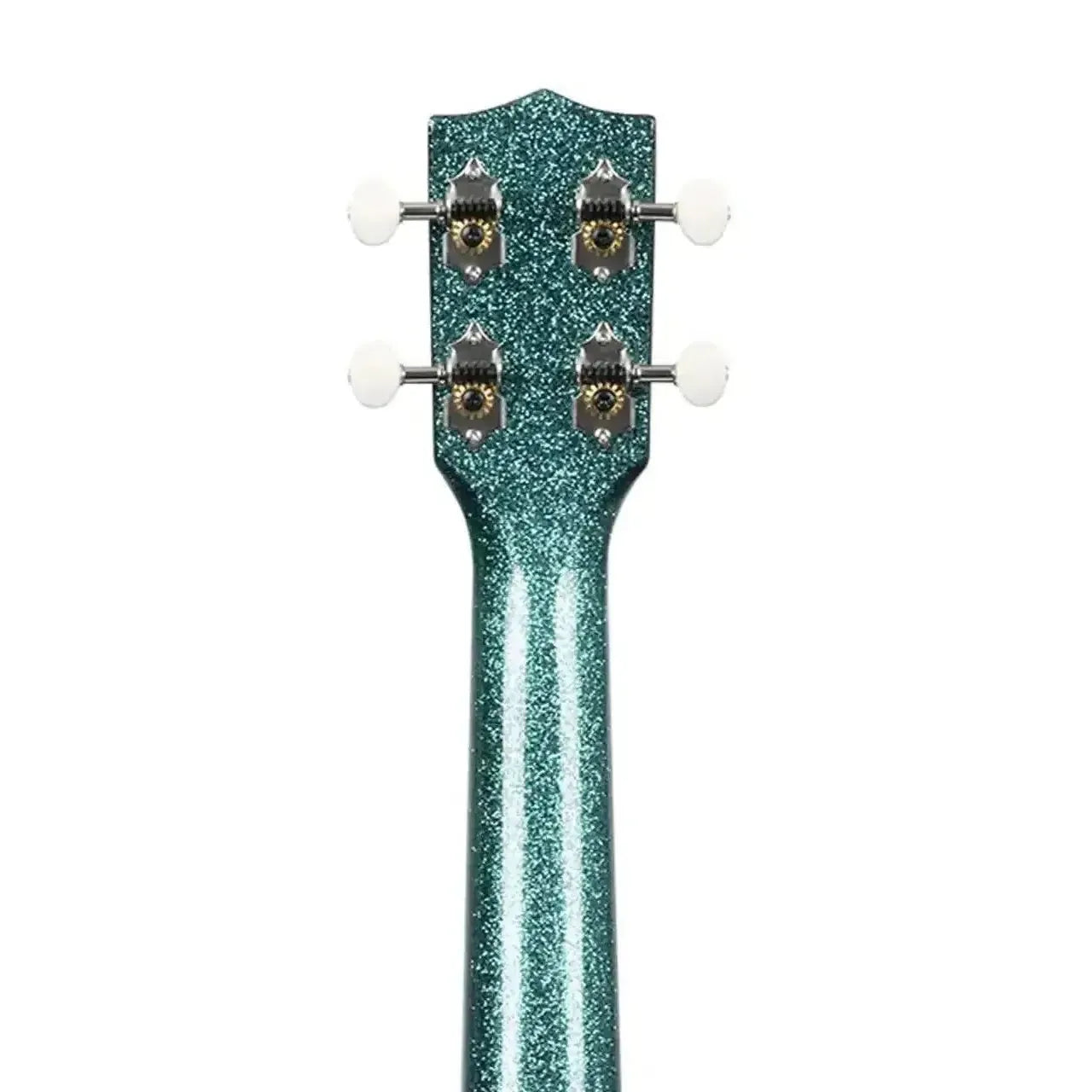 Kala SPRK-AQUA Blue Sparkle Concert Ukulele headstock and neck, featuring gloss sparkle finish and white tuning pegs.