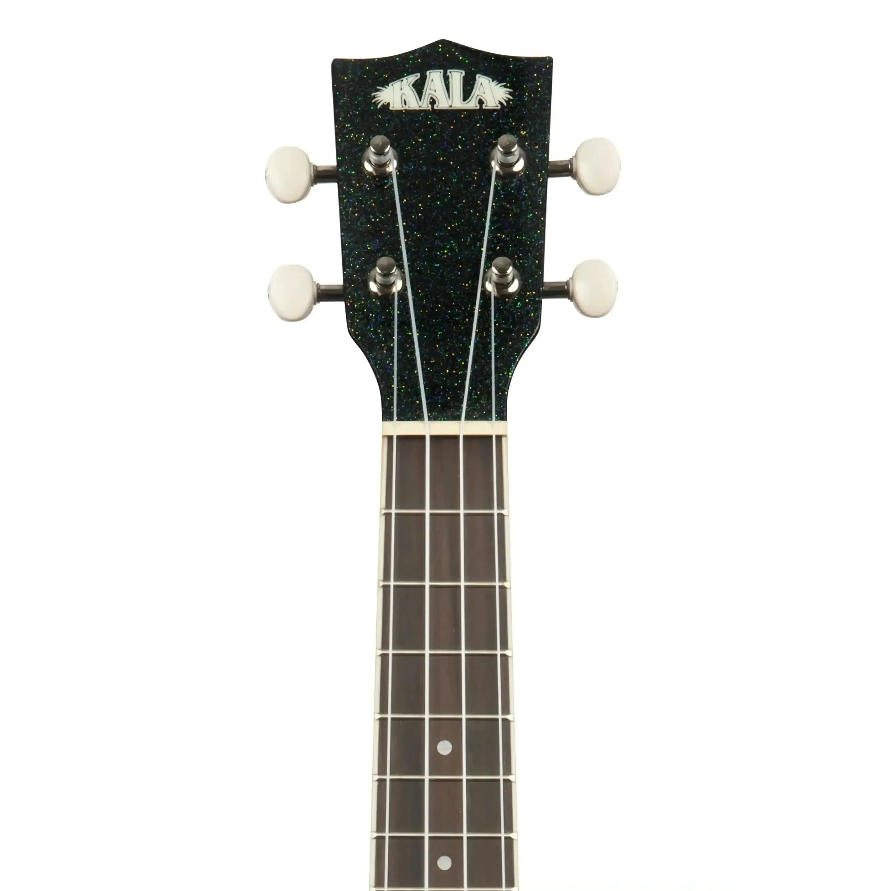 Kala Galaxy Black Sparkle Concert Ukulele headstock with white tuning pegs and rosewood fingerboard.