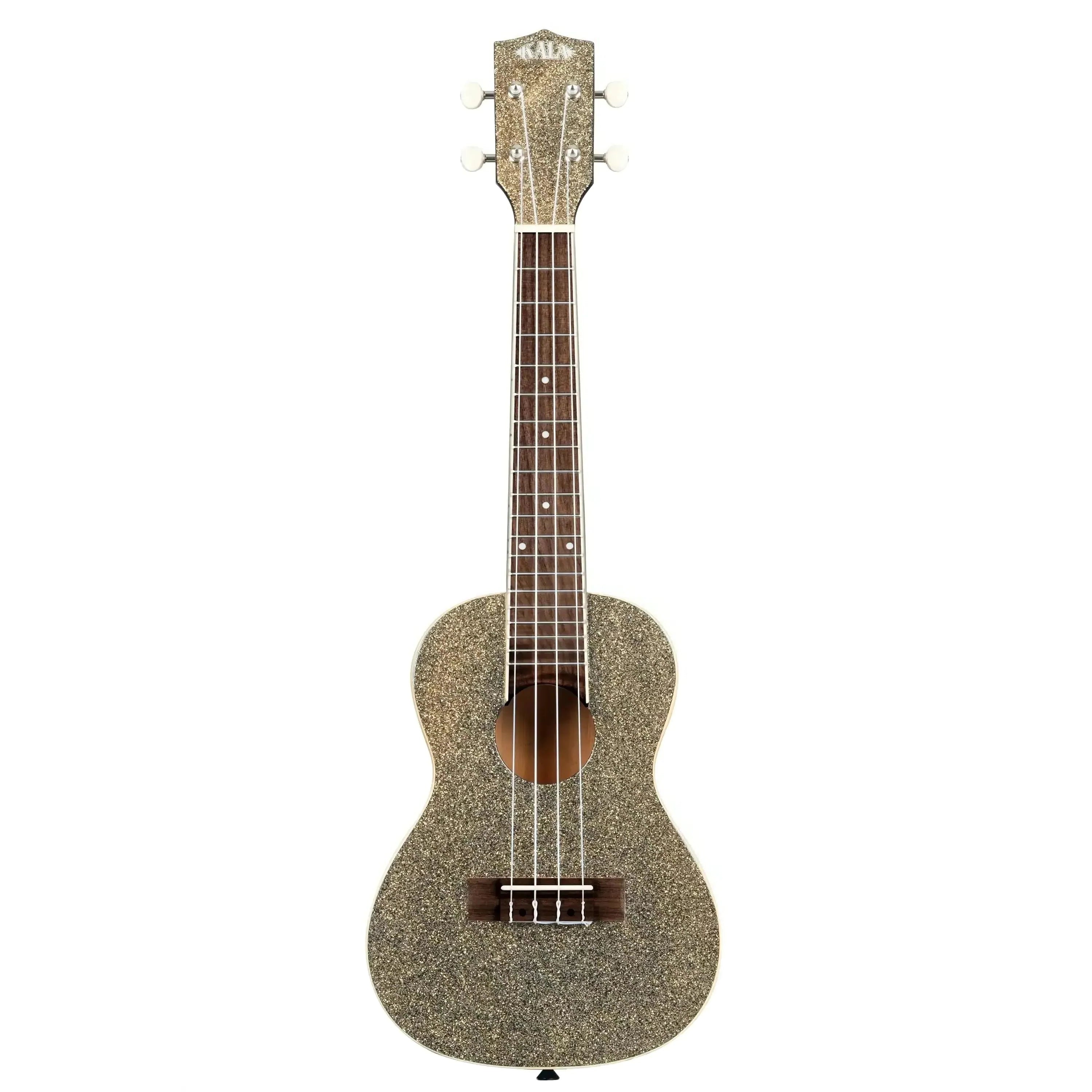 Kala SPRK-GOLD Stardust Gold Sparkle Concert Ukulele with cream binding and dark wood fingerboard.