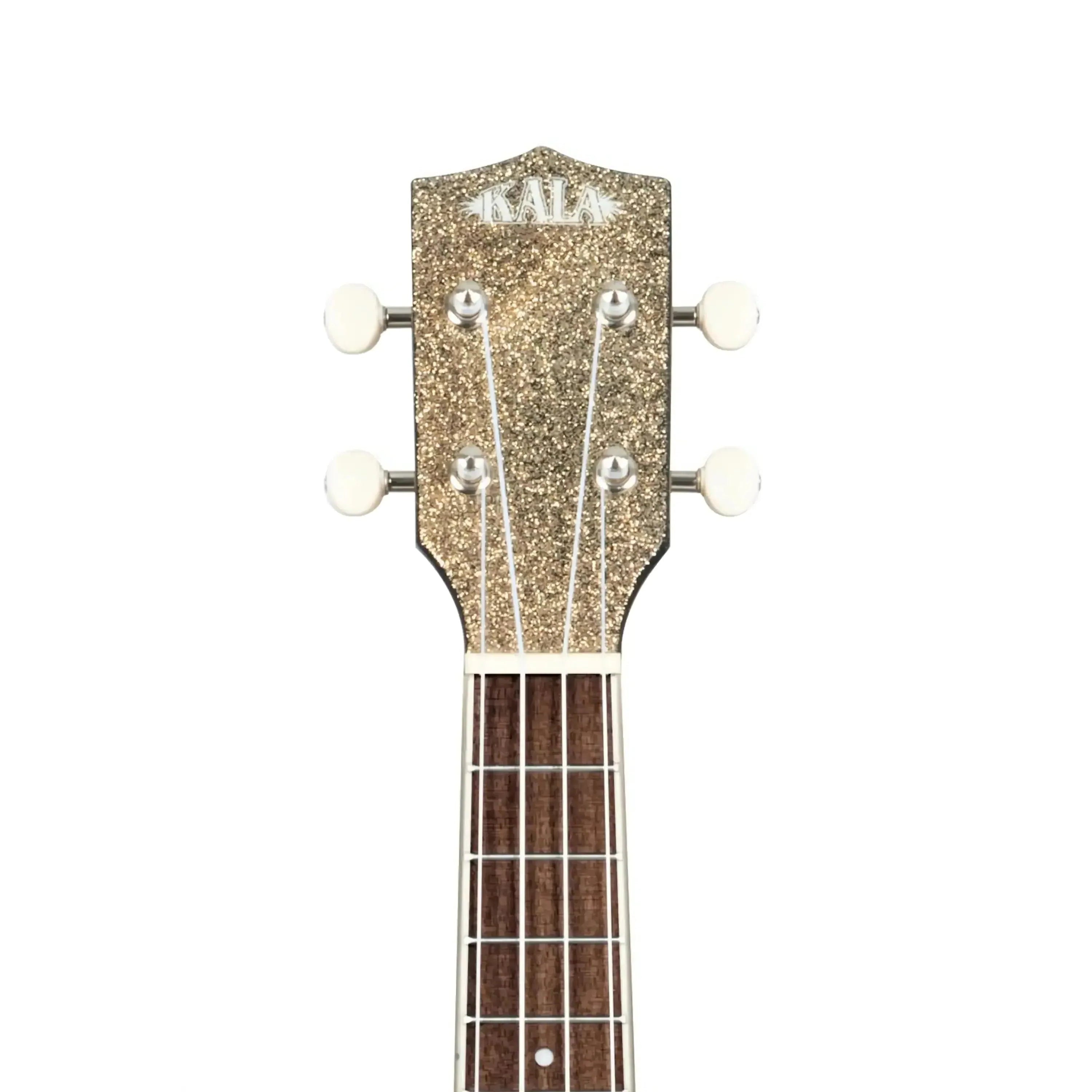 Kala SPRK-GOLD ukulele headstock with gold sparkle finish, white tuning pegs, and rosewood fingerboard.