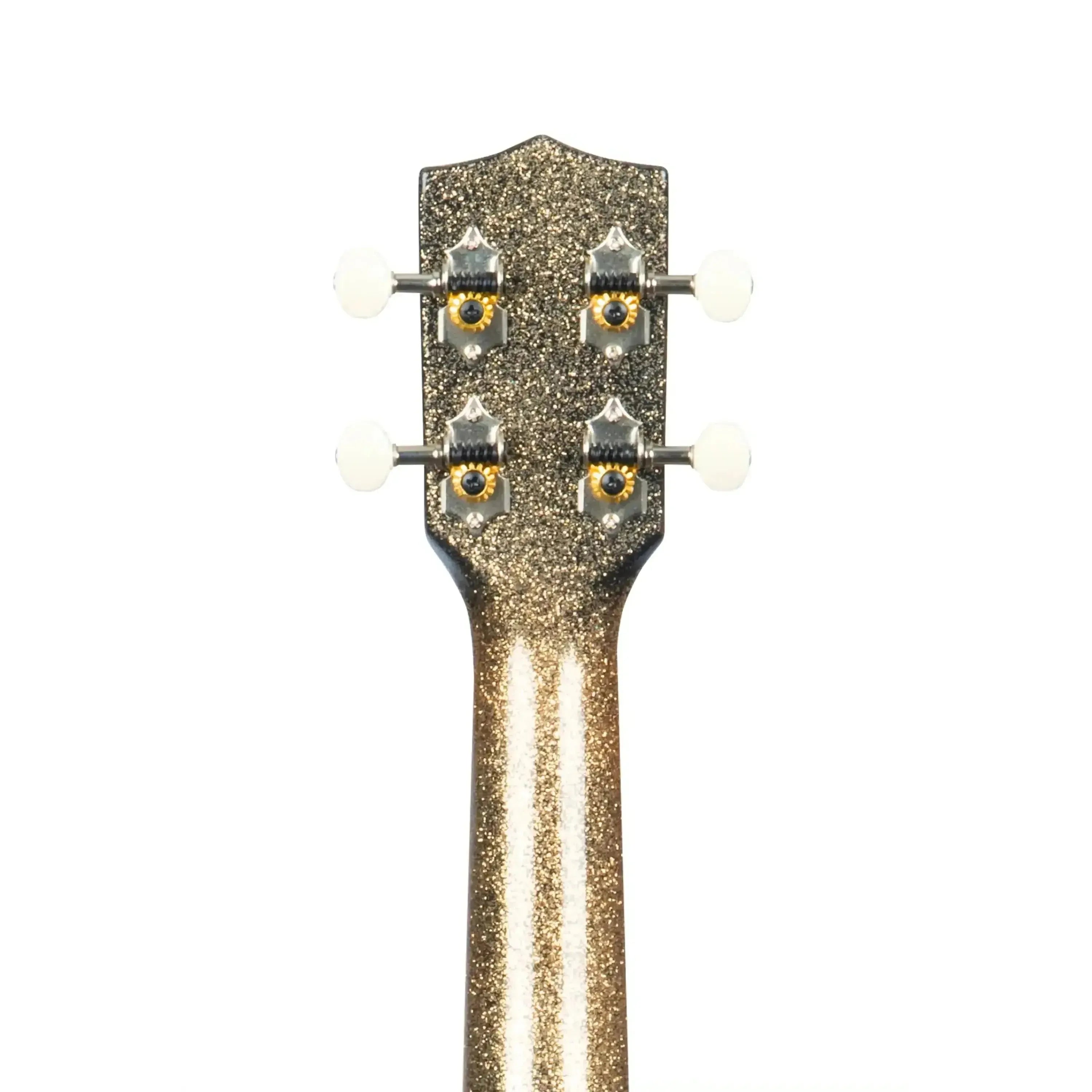 Kala SPRK-GOLD Stardust Gold Sparkle Concert Ukulele headstock with white tuning pegs.