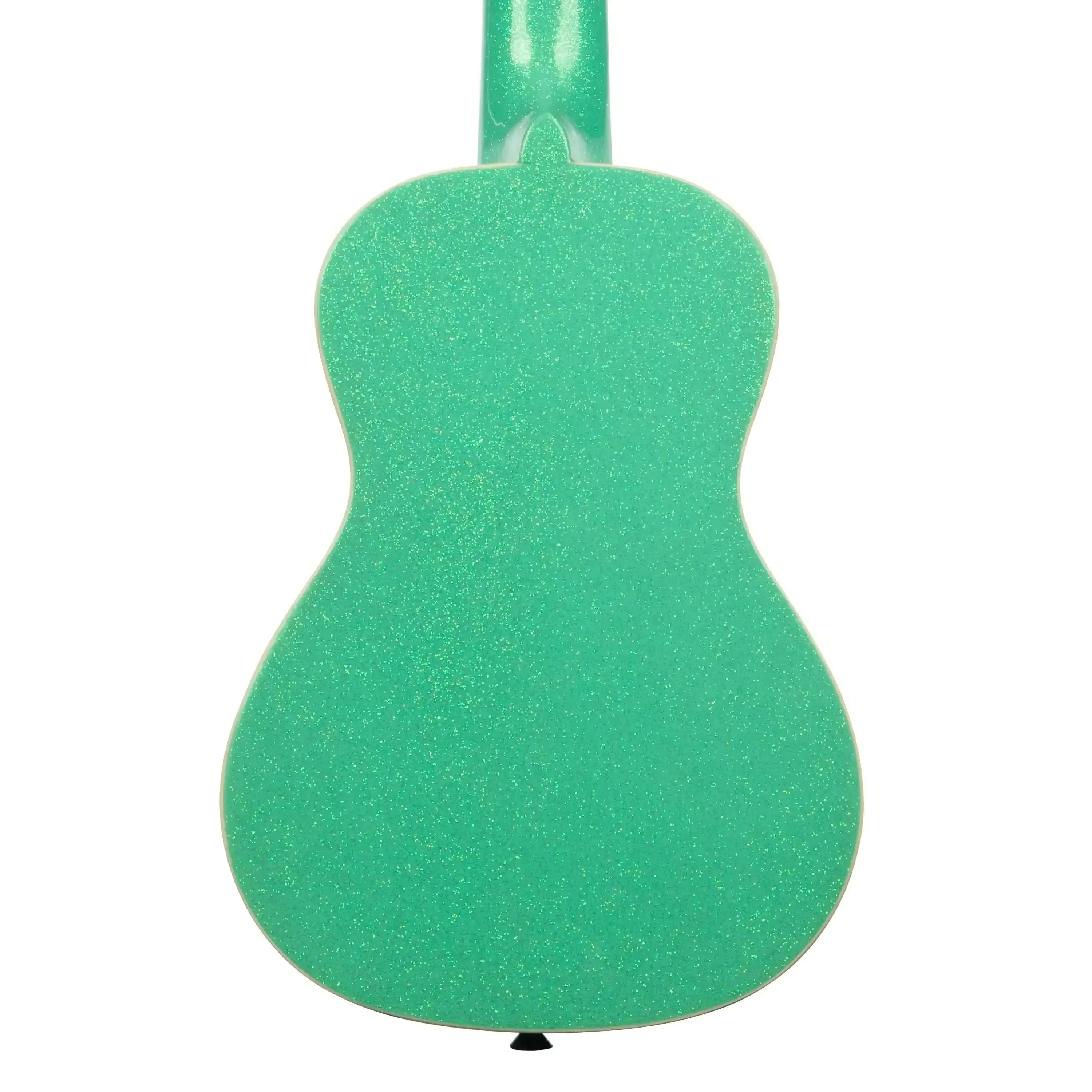 Kala Gatsby Green Sparkle Concert Ukulele back, showing dazzling gloss sparkle finish and single black strap button.