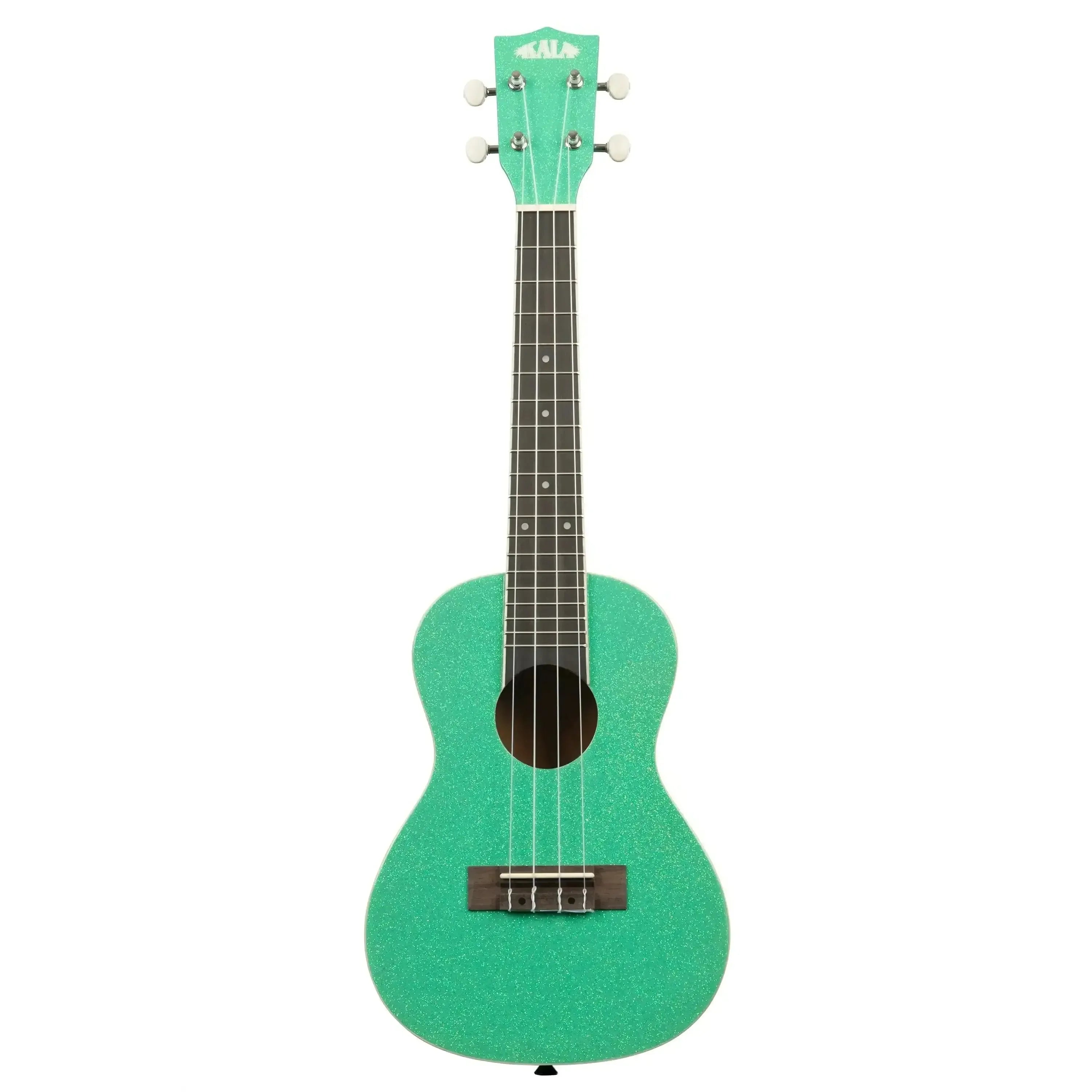 Kala Gatsby Green Sparkle Concert Ukulele with gloss sparkle finish, rosewood fingerboard, and black strap button.