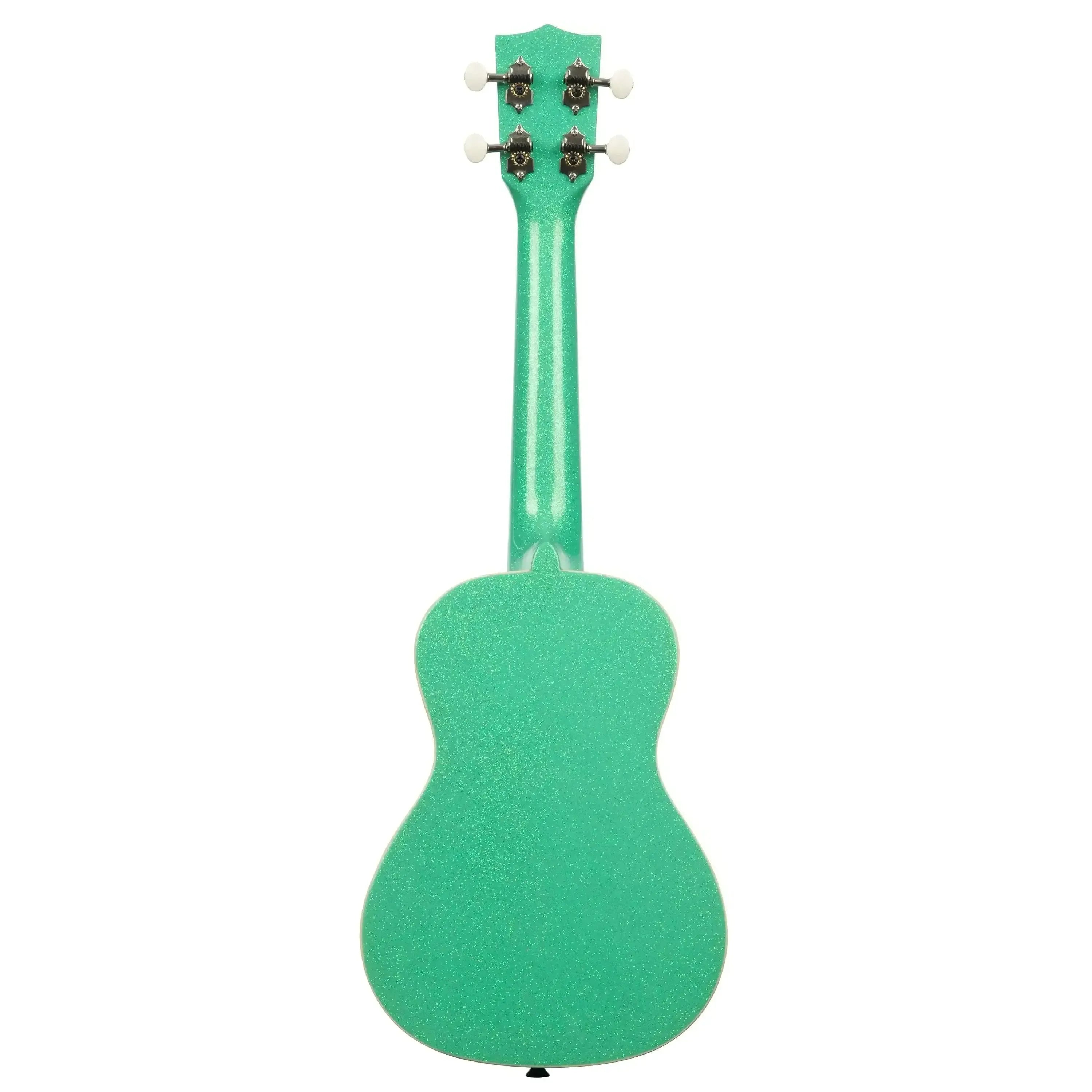 Kala Gatsby Green Sparkle Concert Ukulele, back view, with gloss sparkle finish and white tuning pegs.