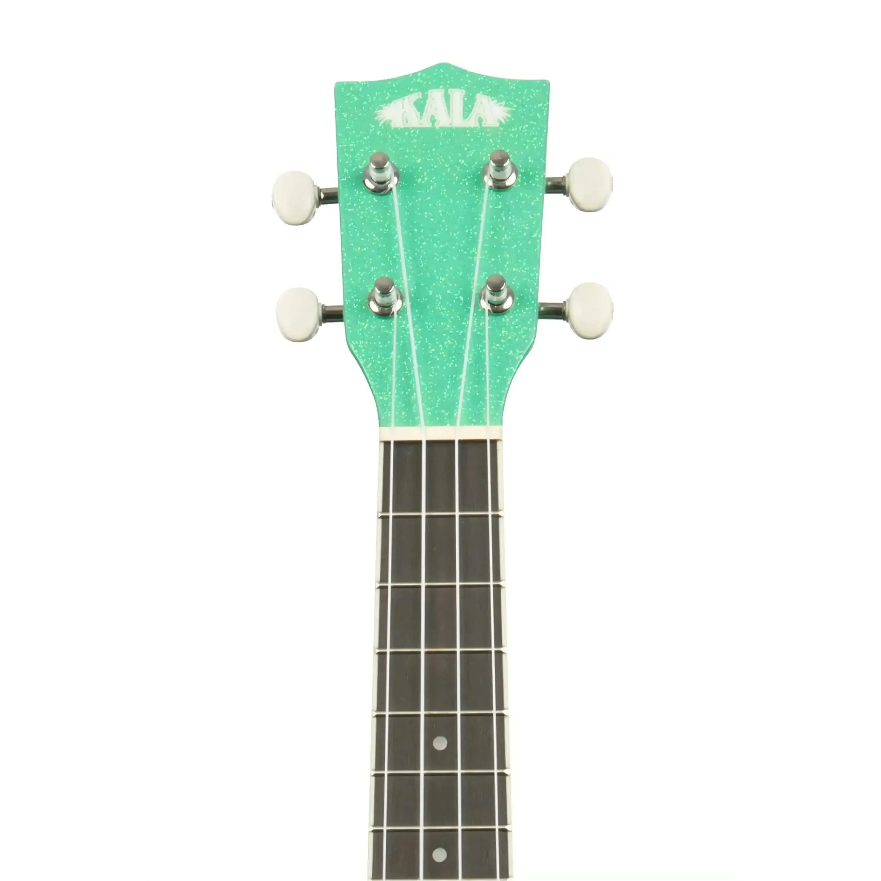 Kala Gatsby Green Sparkle Concert Ukulele headstock with white tuners and rosewood fingerboard.
