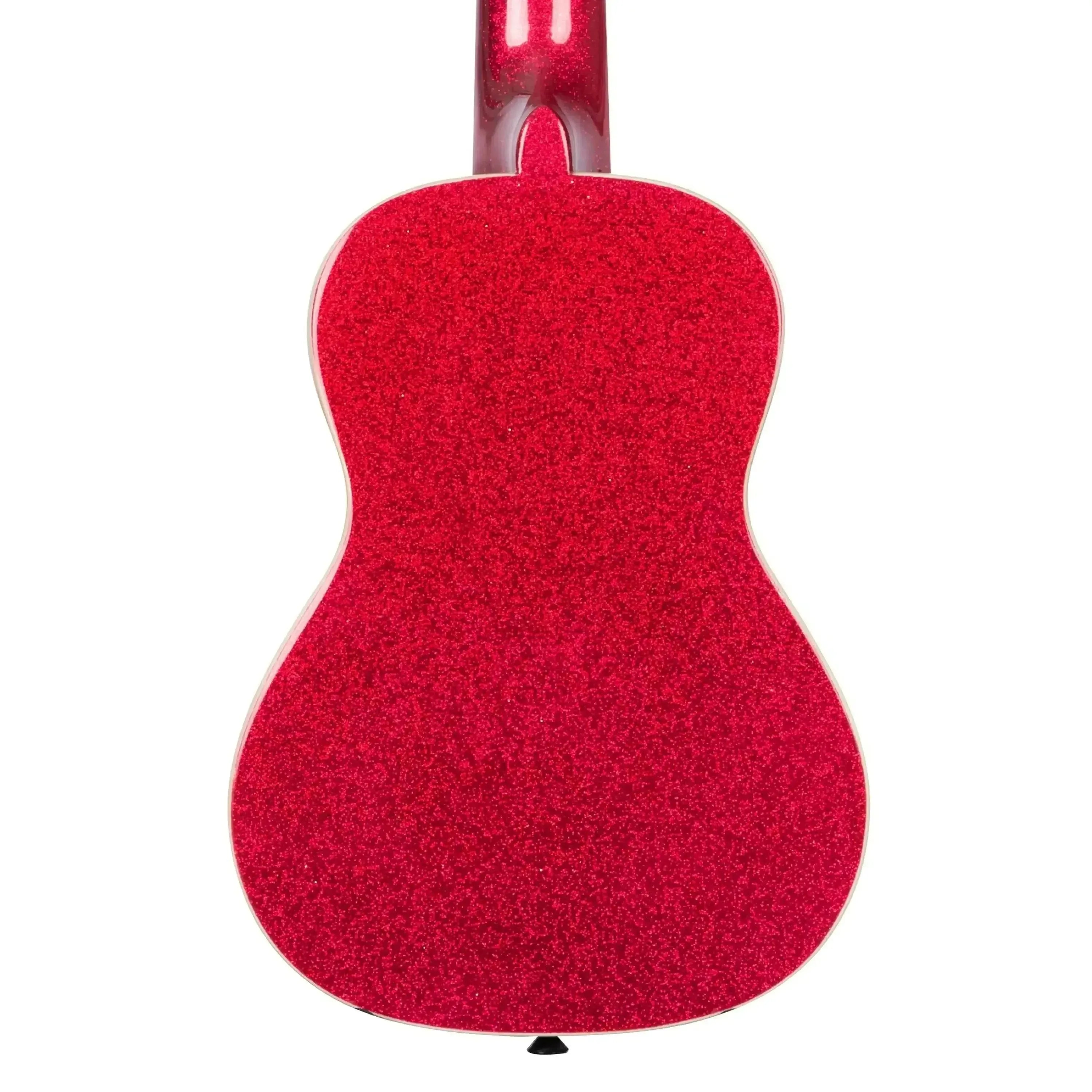 Kala SPRK-RED Ritzy Red Sparkle Concert Ukulele, back view, with a single black strap button.