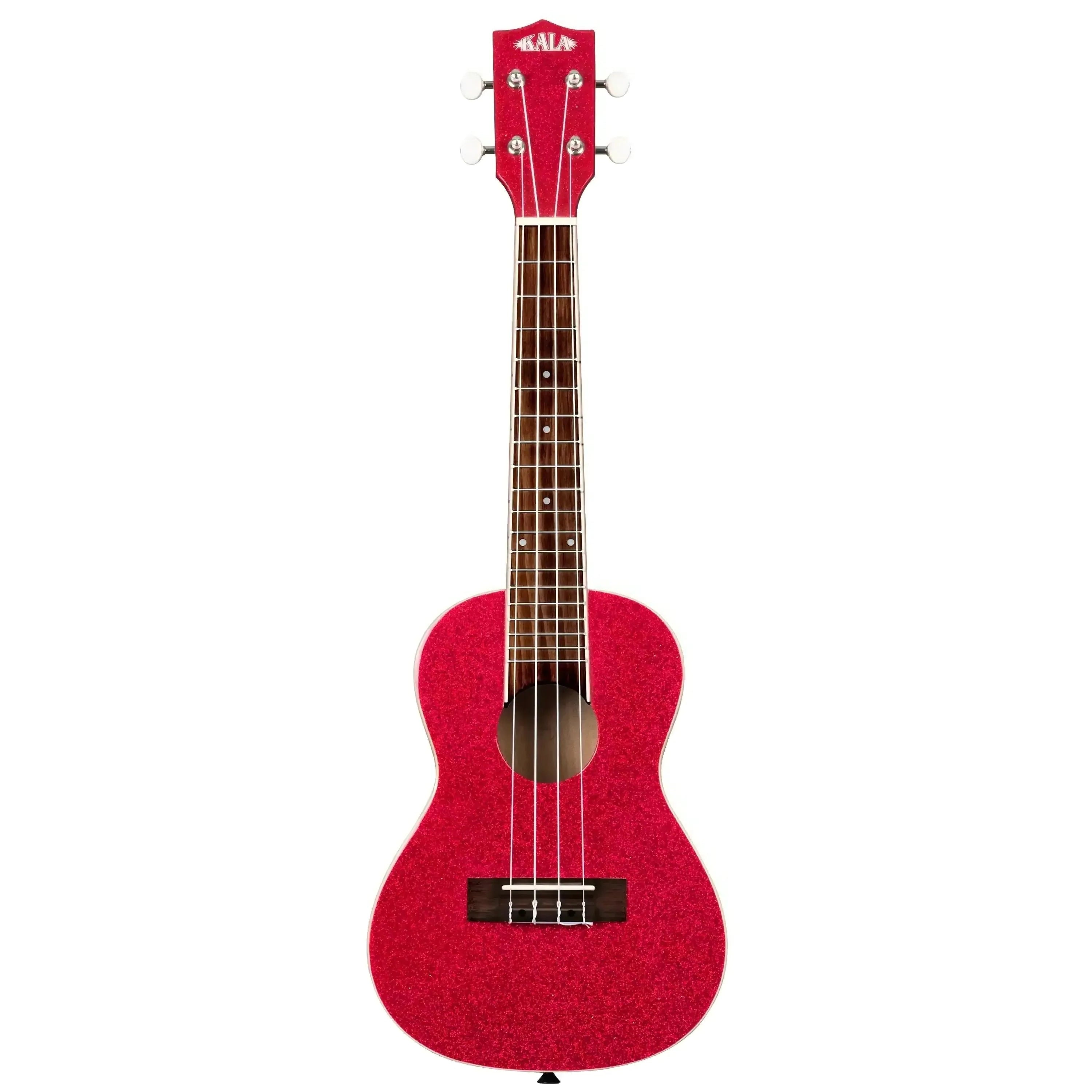 Kala SPRK-RED Ritzy Red Sparkle Concert Ukulele with white tuners and dark rosewood fingerboard.