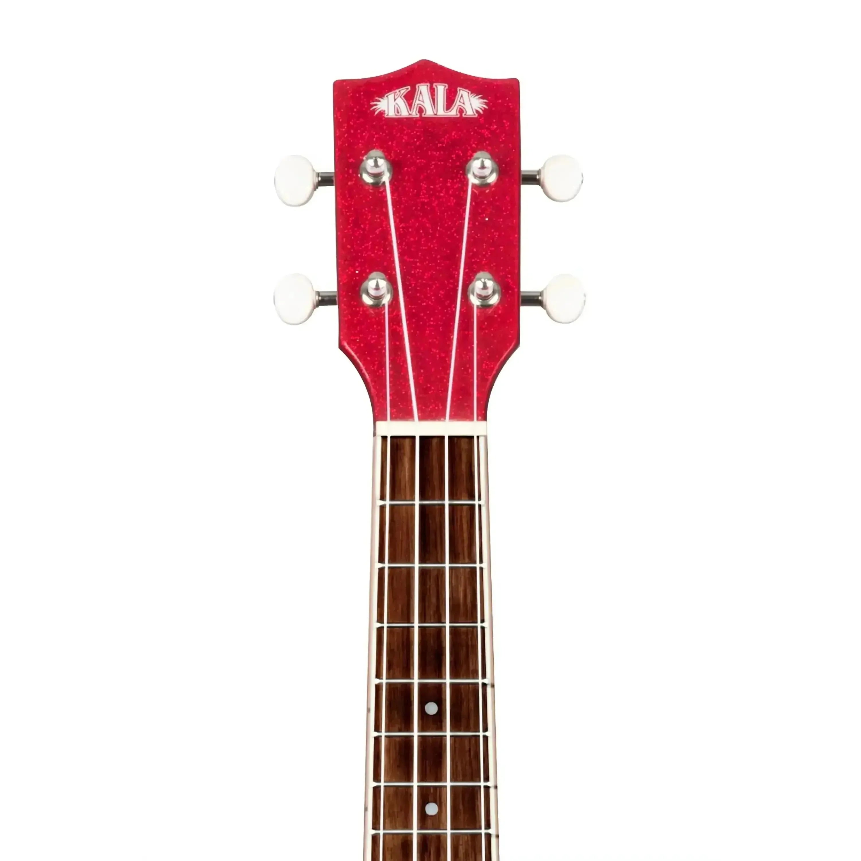 Kala SPRK-RED Ritzy Red Sparkle Concert Ukulele headstock with white tuning pegs and rosewood fingerboard.