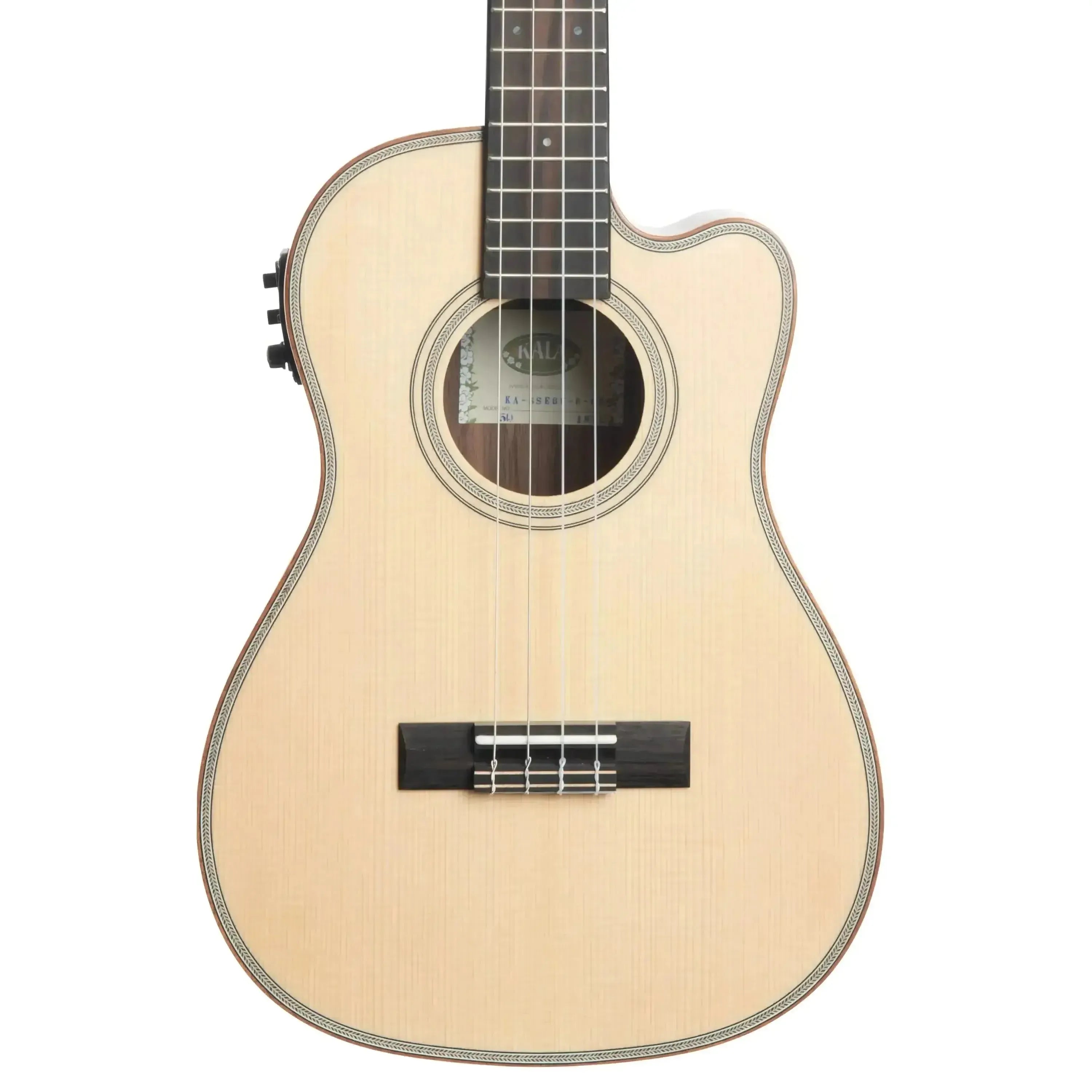 Kala SSEBY-B-CE Baritone Ukulele with light spruce top, dark bridge, and cutaway.