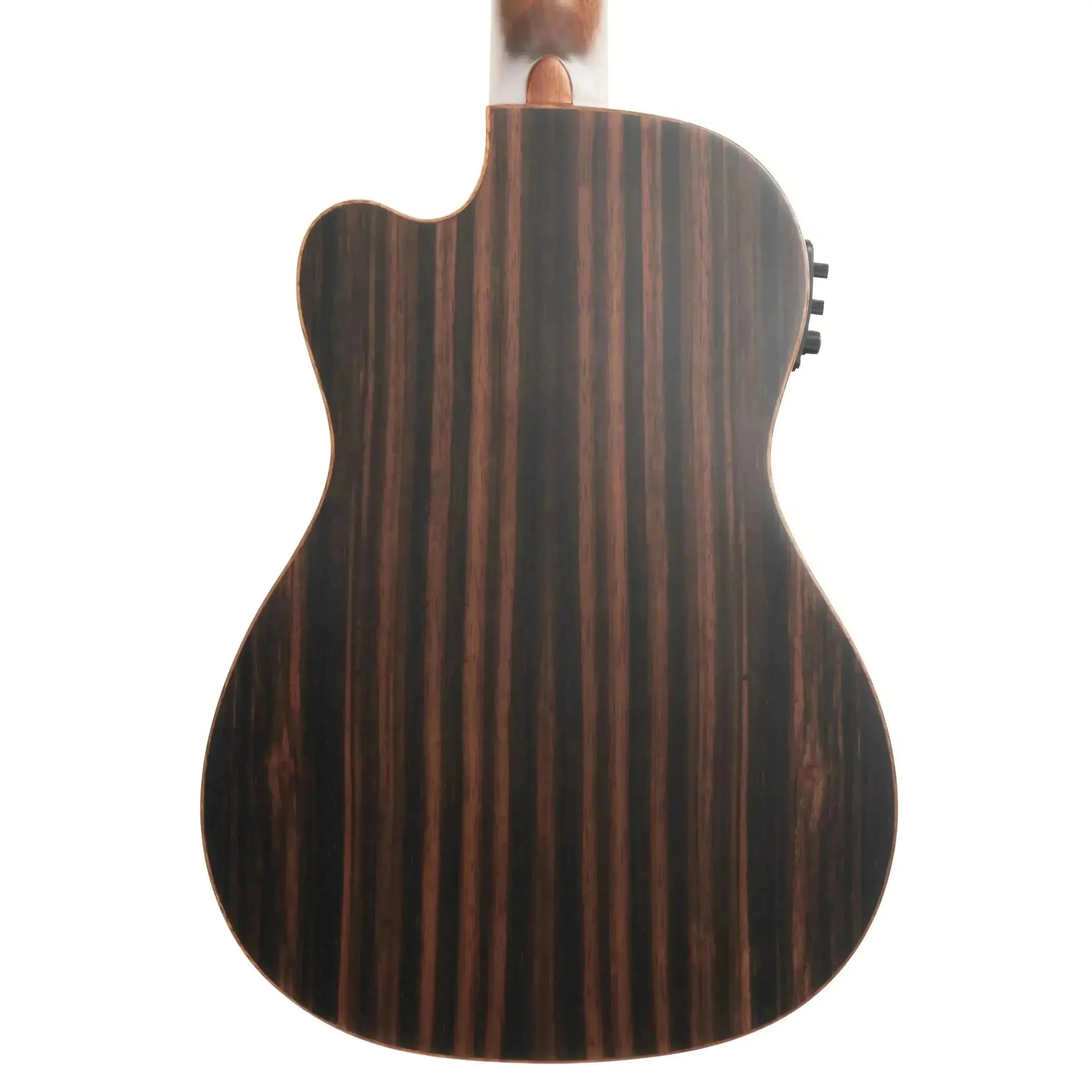 Kala Baritone Ukulele back with dark striped ebony wood and cutaway.