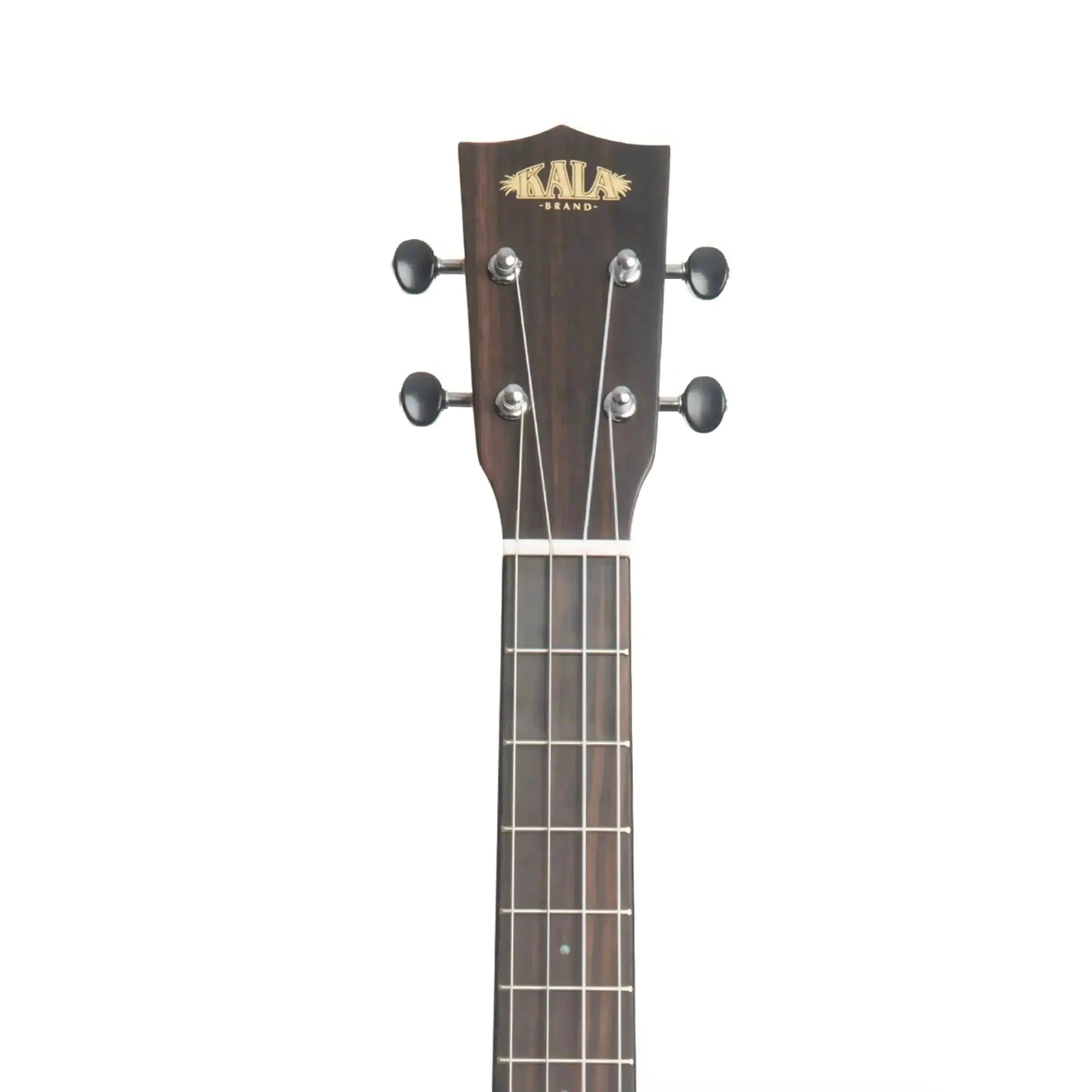 Kala Baritone Ukulele headstock with dark striped ebony, black tuners, and Kala logo.