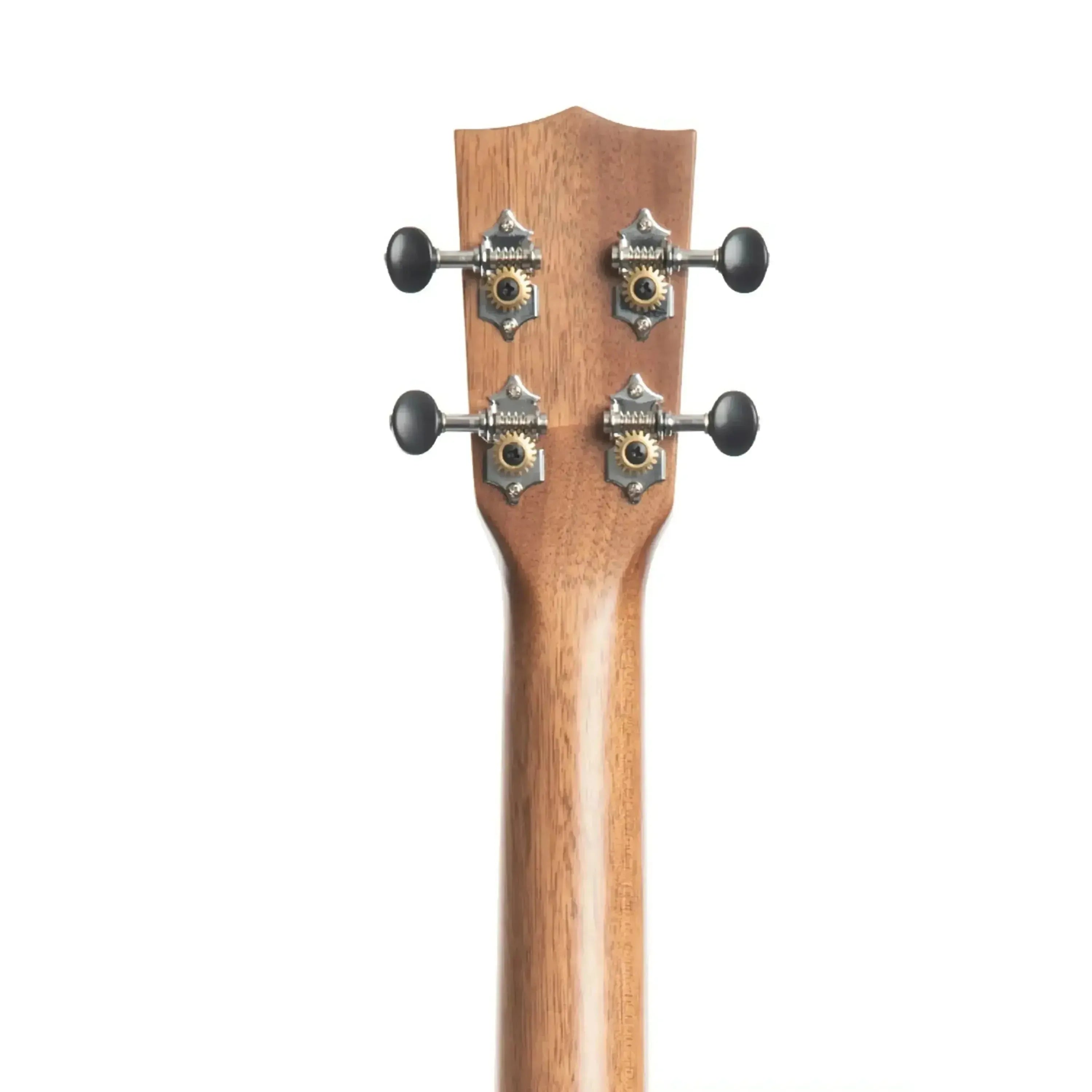 Kala Baritone Ukulele headstock and mahogany neck with four black tuning pegs.