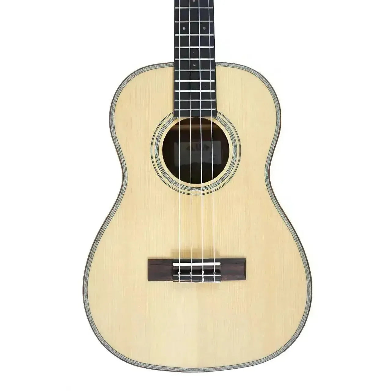 Kala SSEBY-B Baritone Ukulele with solid spruce top, striped ebony, and satin finish.