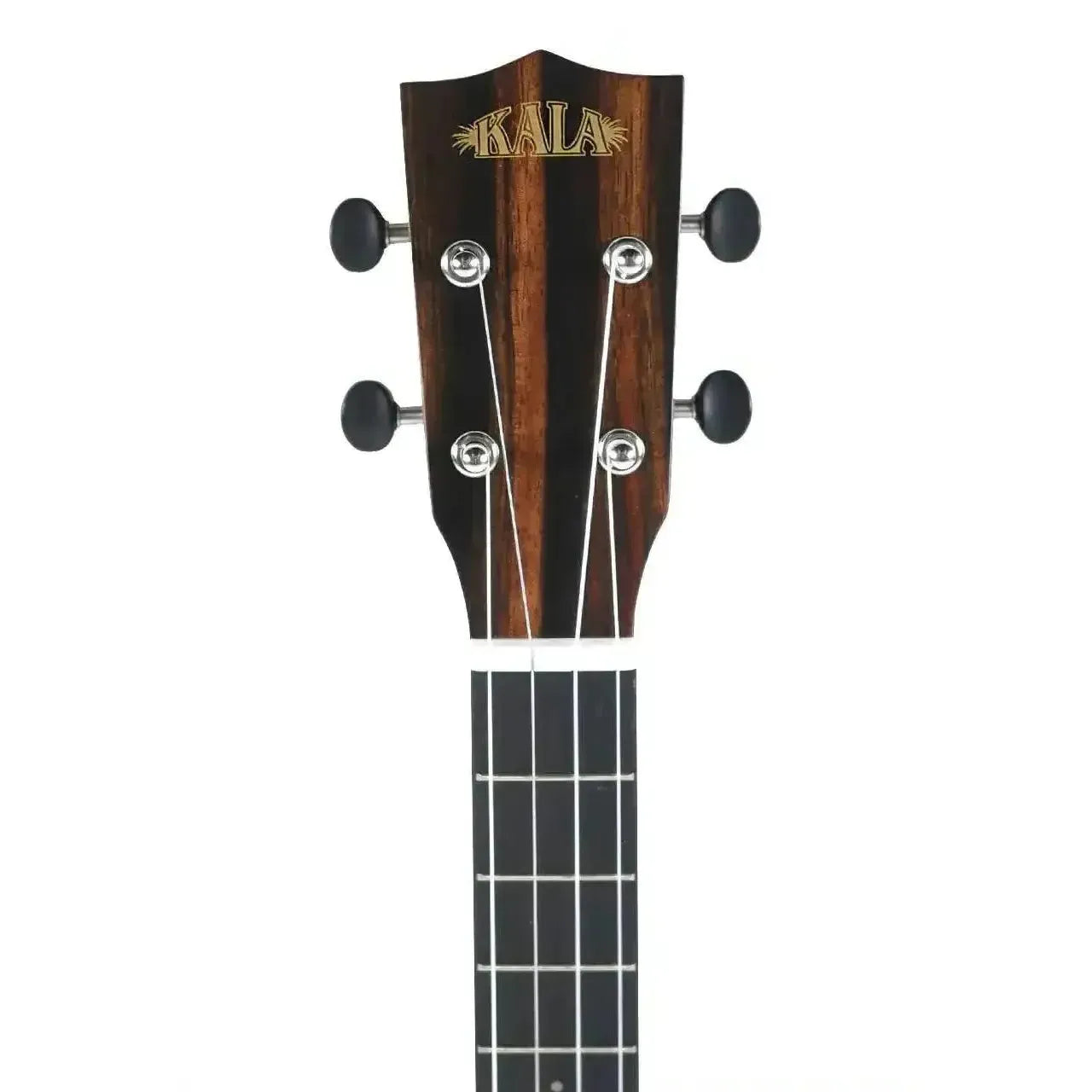 Kala Baritone Ukulele headstock with striped ebony, gold logo, and black tuning pegs.