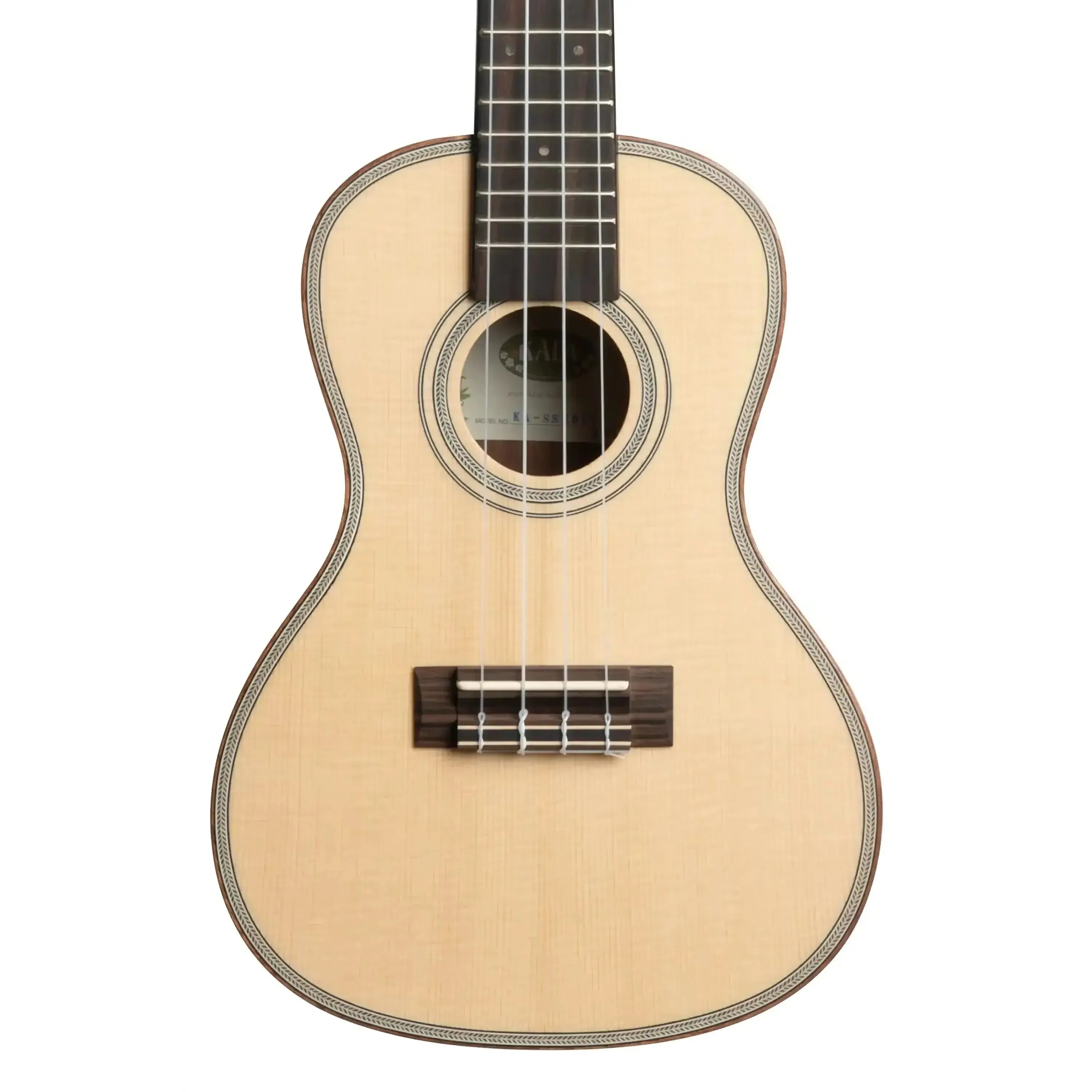 Kala SSEBY-C Concert Ukulele with solid spruce top, striped ebony, satin finish, and mahogany binding.