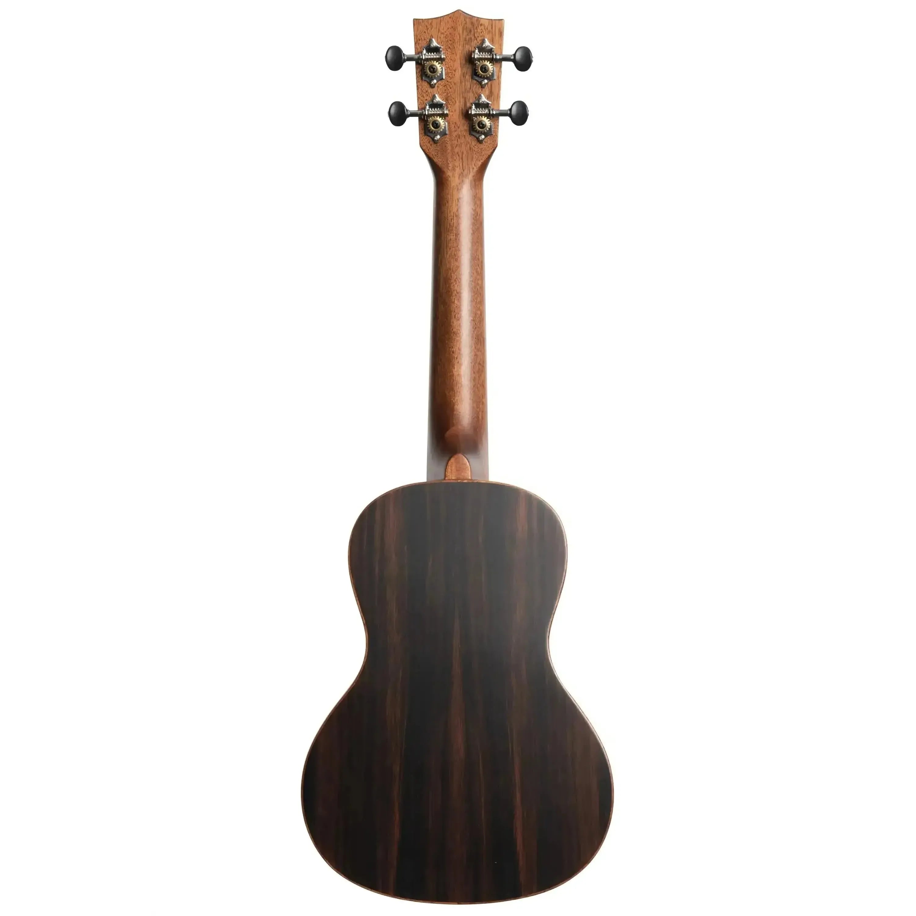 Kala SSEBY-C Concert Ukulele back, dark striped ebony wood, mahogany neck, and tuning pegs.